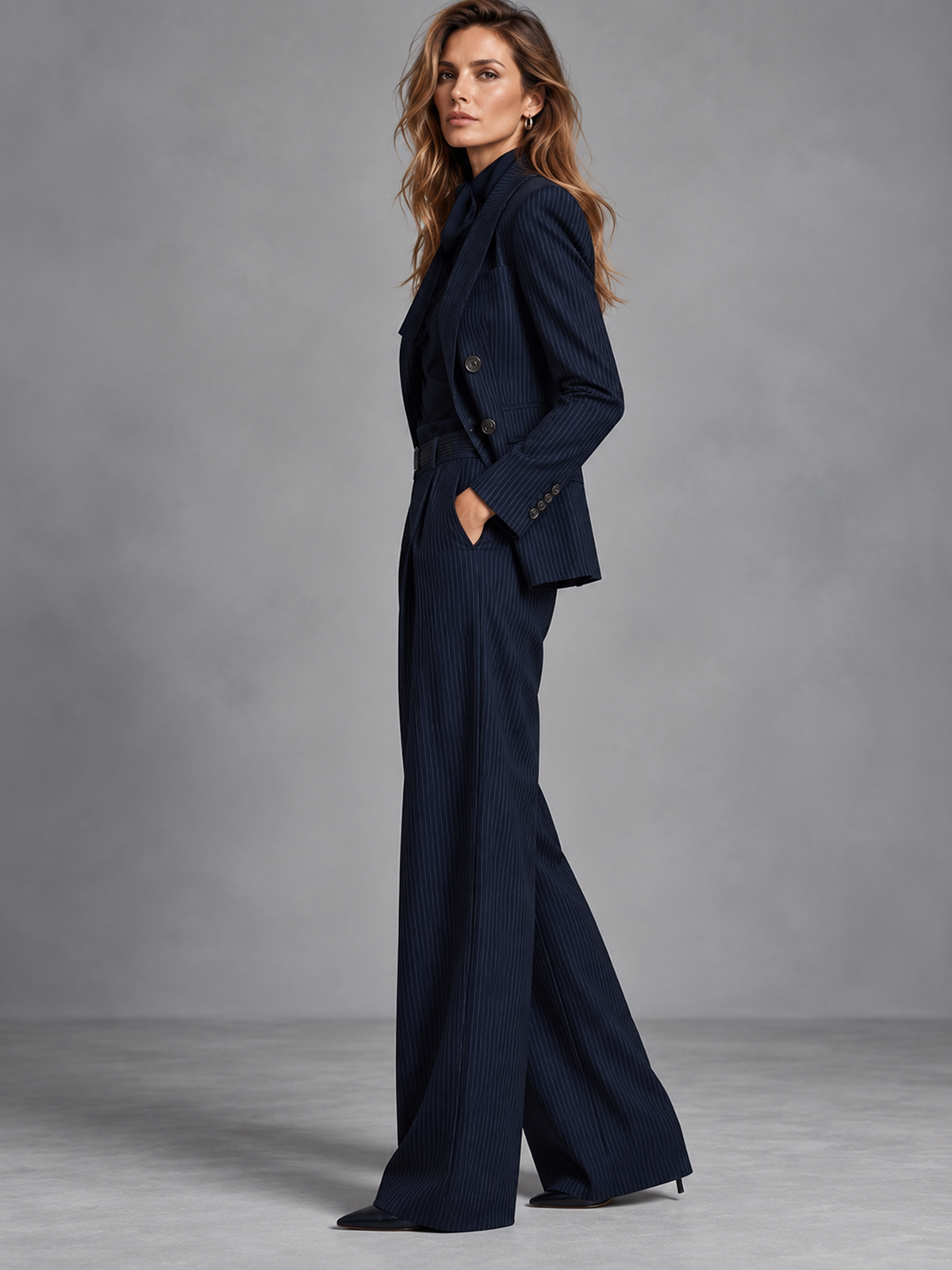 Navy Pinstripe Blazer With Notch Lapel And High Waist Wide Leg Pants 2-Piece Suit