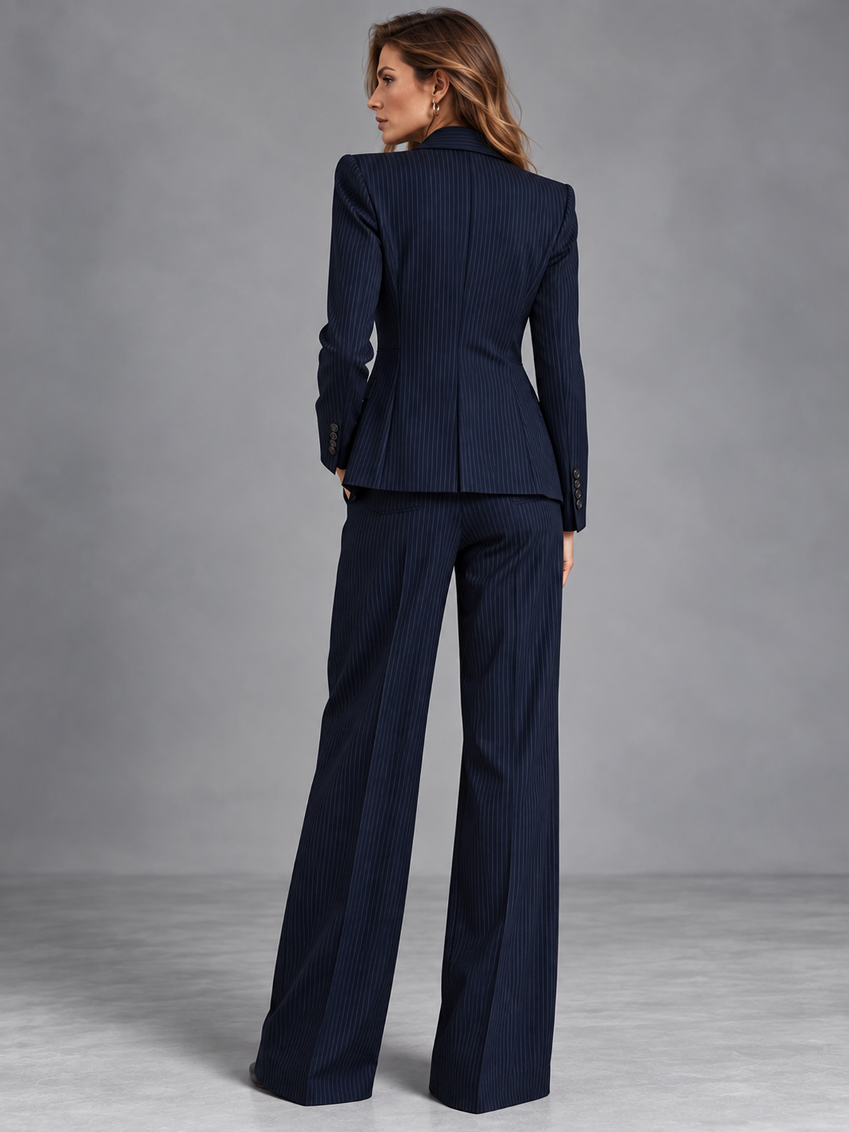 Navy Pinstripe Blazer With Notch Lapel And High Waist Wide Leg Pants 2-Piece Suit