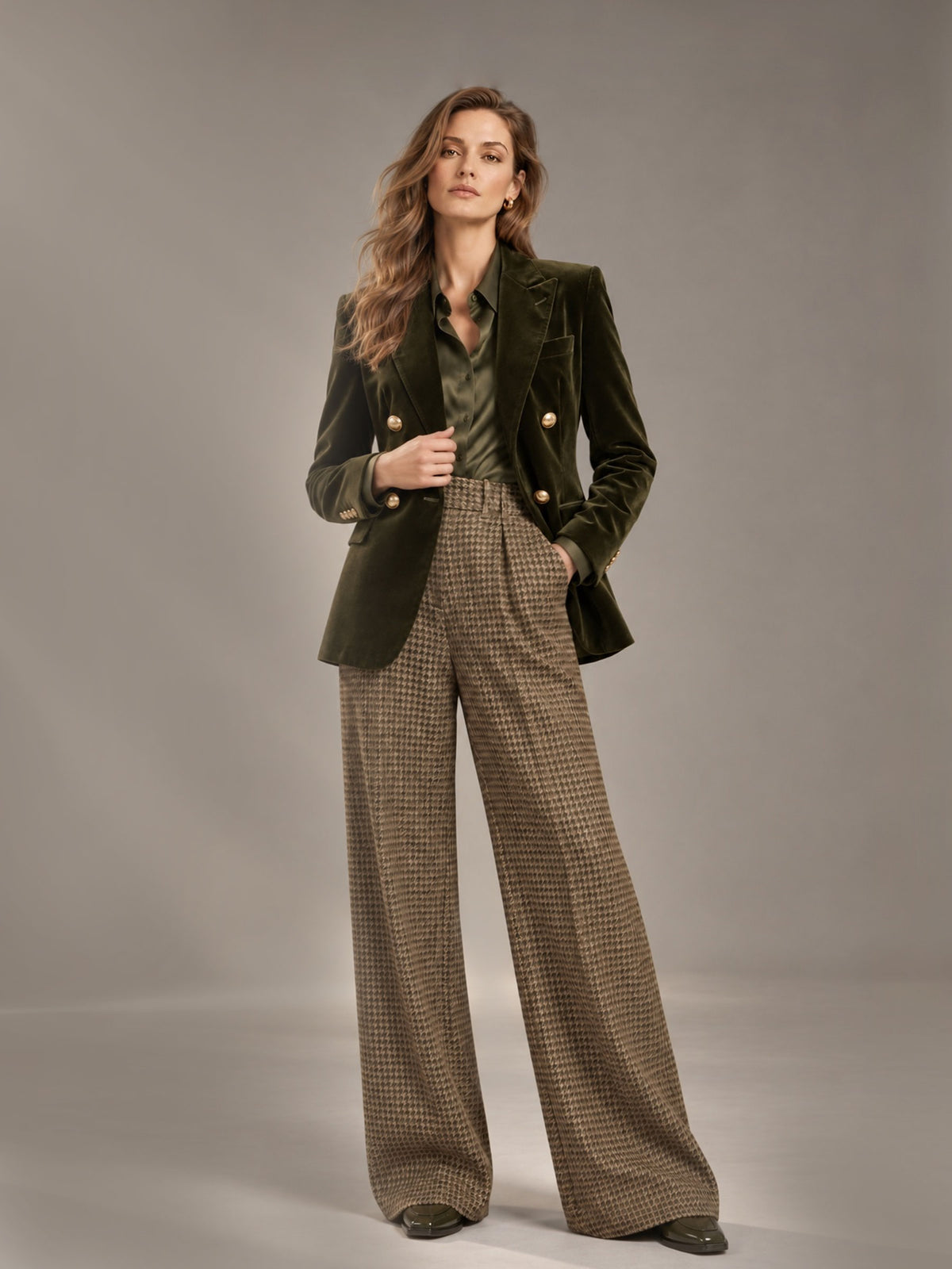 Olive Green Peak Lapel Double-Breasted Four-Button Velvet Blazer & Khaki Plaid Wide Leg Pants 2-Piece Suit