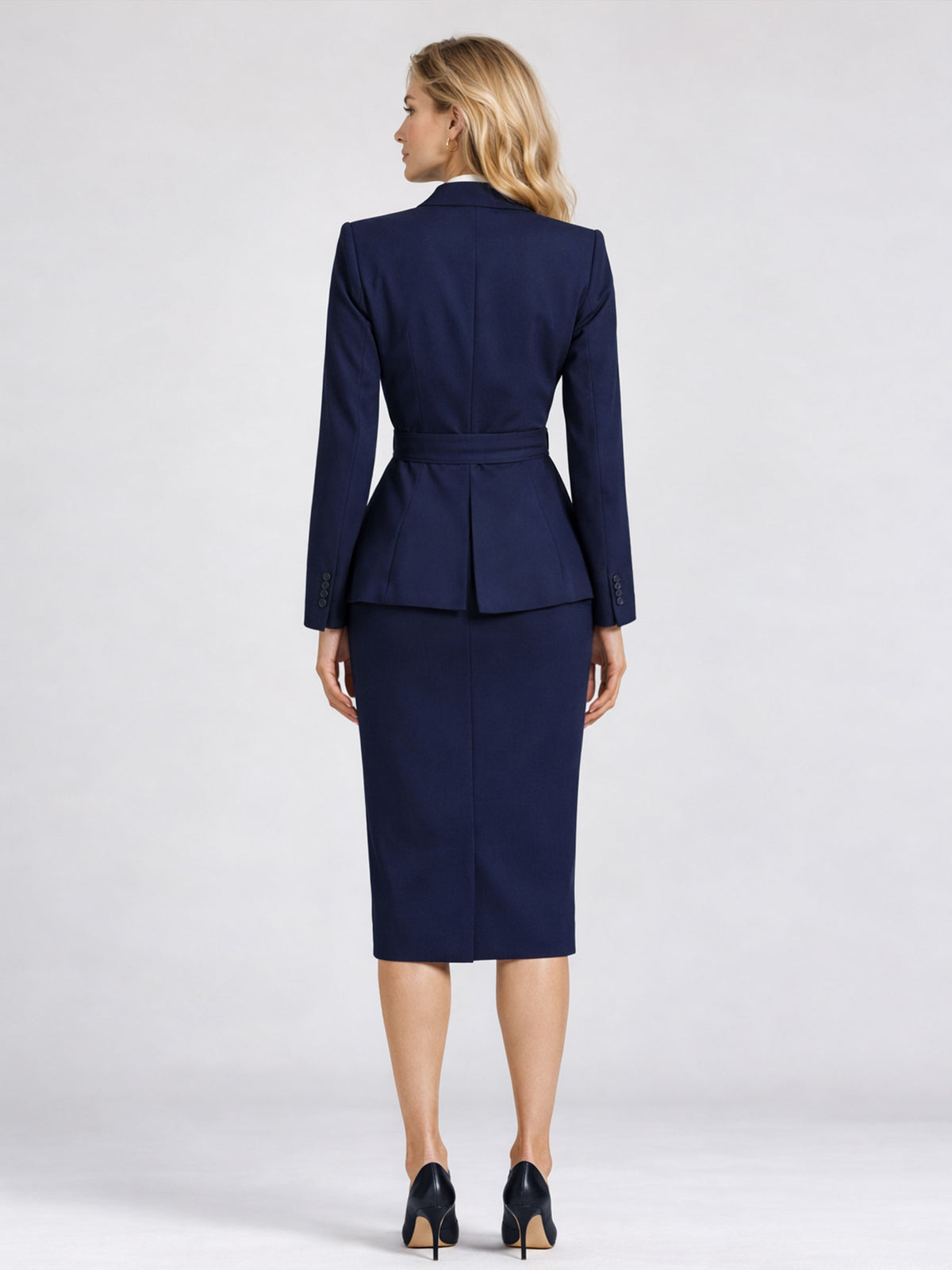 Navy Notched Lapel Side Tie Blazer & Front Slit Bodycon Skirt 2-Piece Set