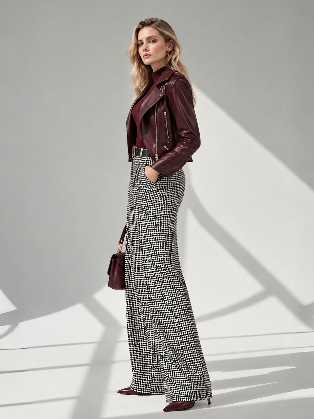 Burgundy Notch Lapel Zip‑Up Short Jacket & Black White Houndstooth Wide Leg Pants 2‑Piece Set