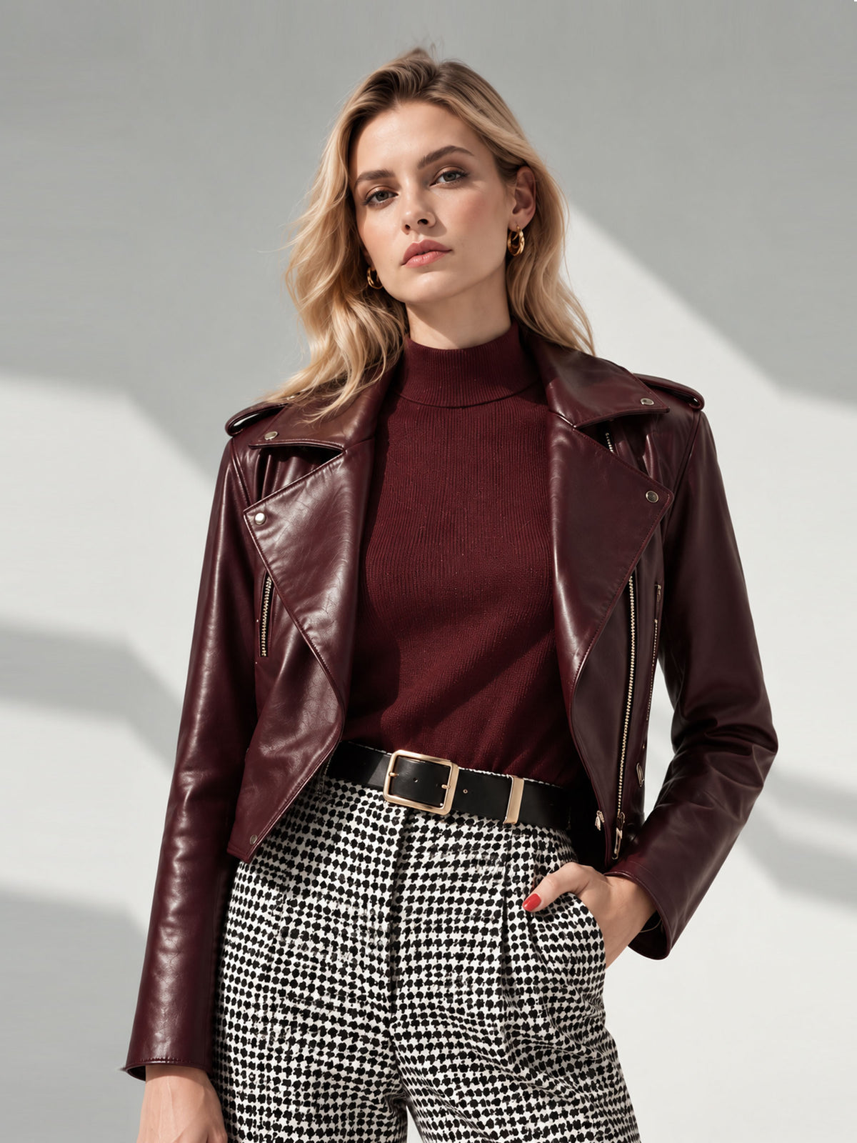 Burgundy Notch Lapel Zip‑Up Short Jacket & Black White Houndstooth Wide Leg Pants 2‑Piece Set