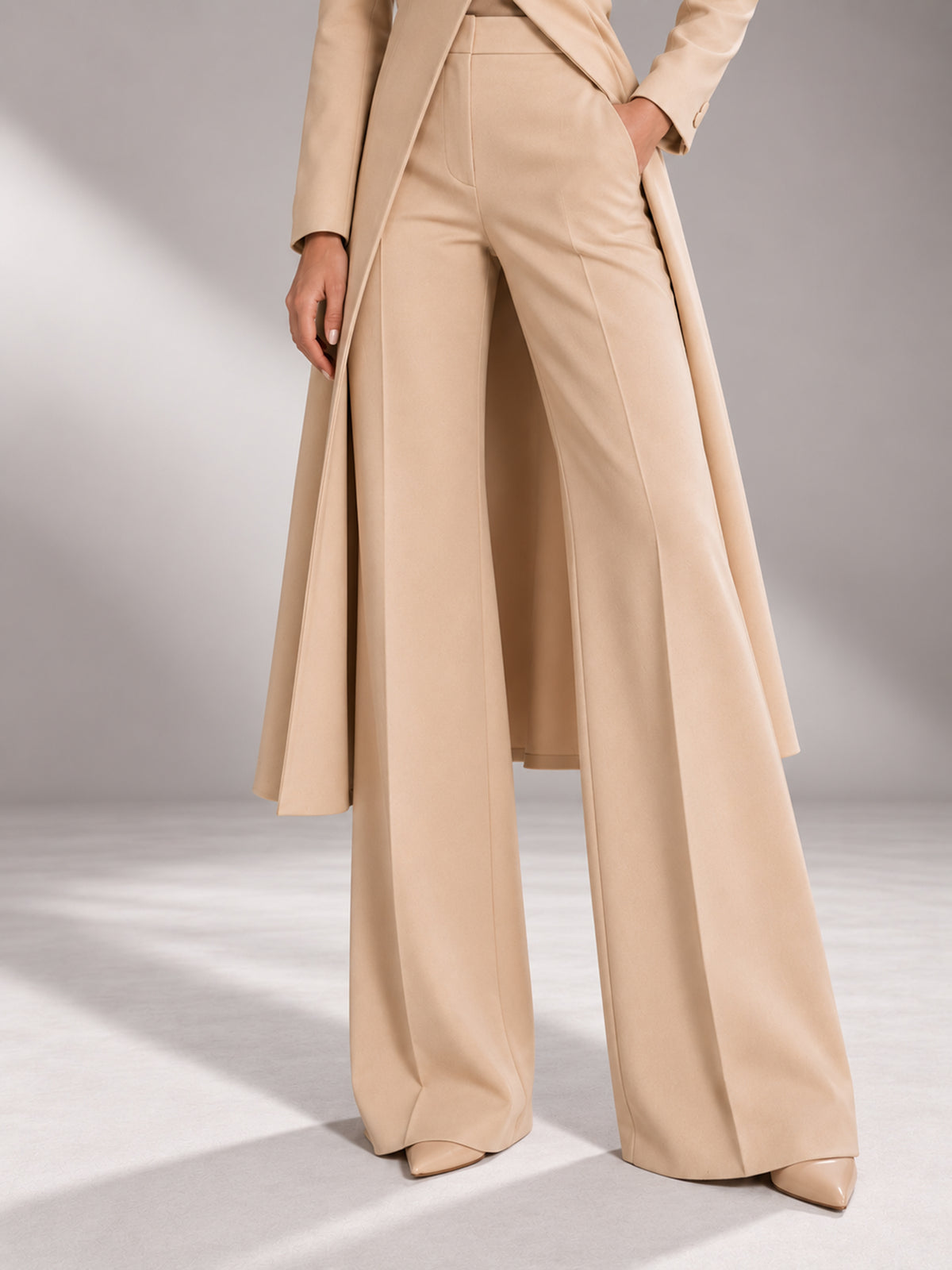 Beige Mandarin Stand Collar Single-Button Long Tail Coat Blazer & Flared Trousers Pants 2-Piece Suit