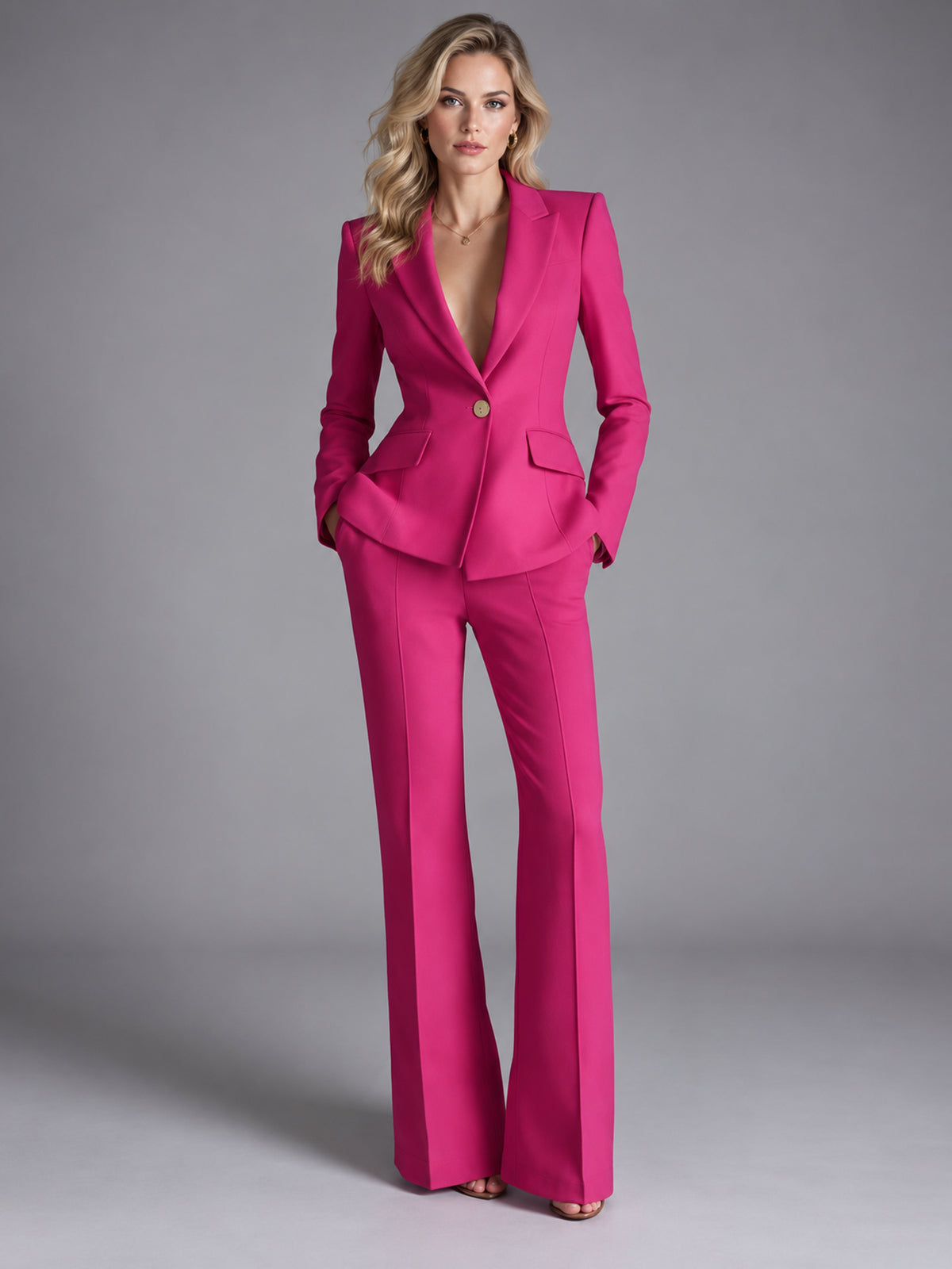 Fuchsia Single-Breasted Blazer & Flare Trousers 2-Piece Suit