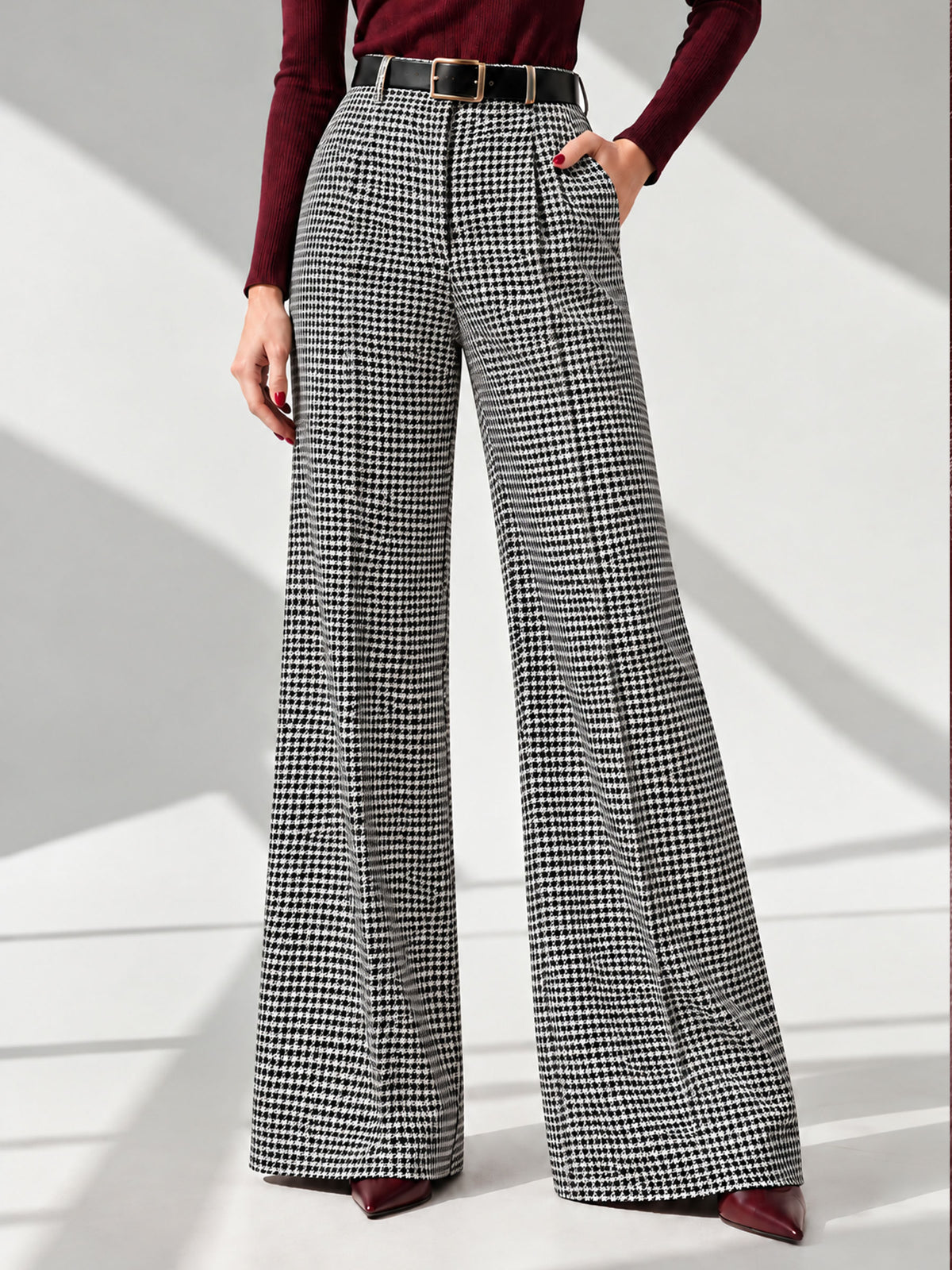 Micro Houndstooth High Waist Wide Leg Pants, Tailored Trousers