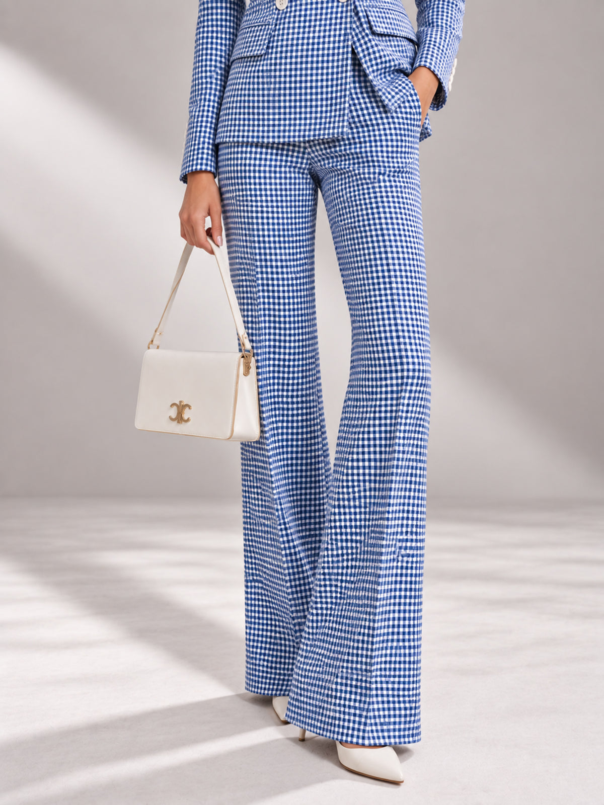 Blue & White Gingham Check Peak Lapel Blazer & Flared Trousers 2-Piece Suit