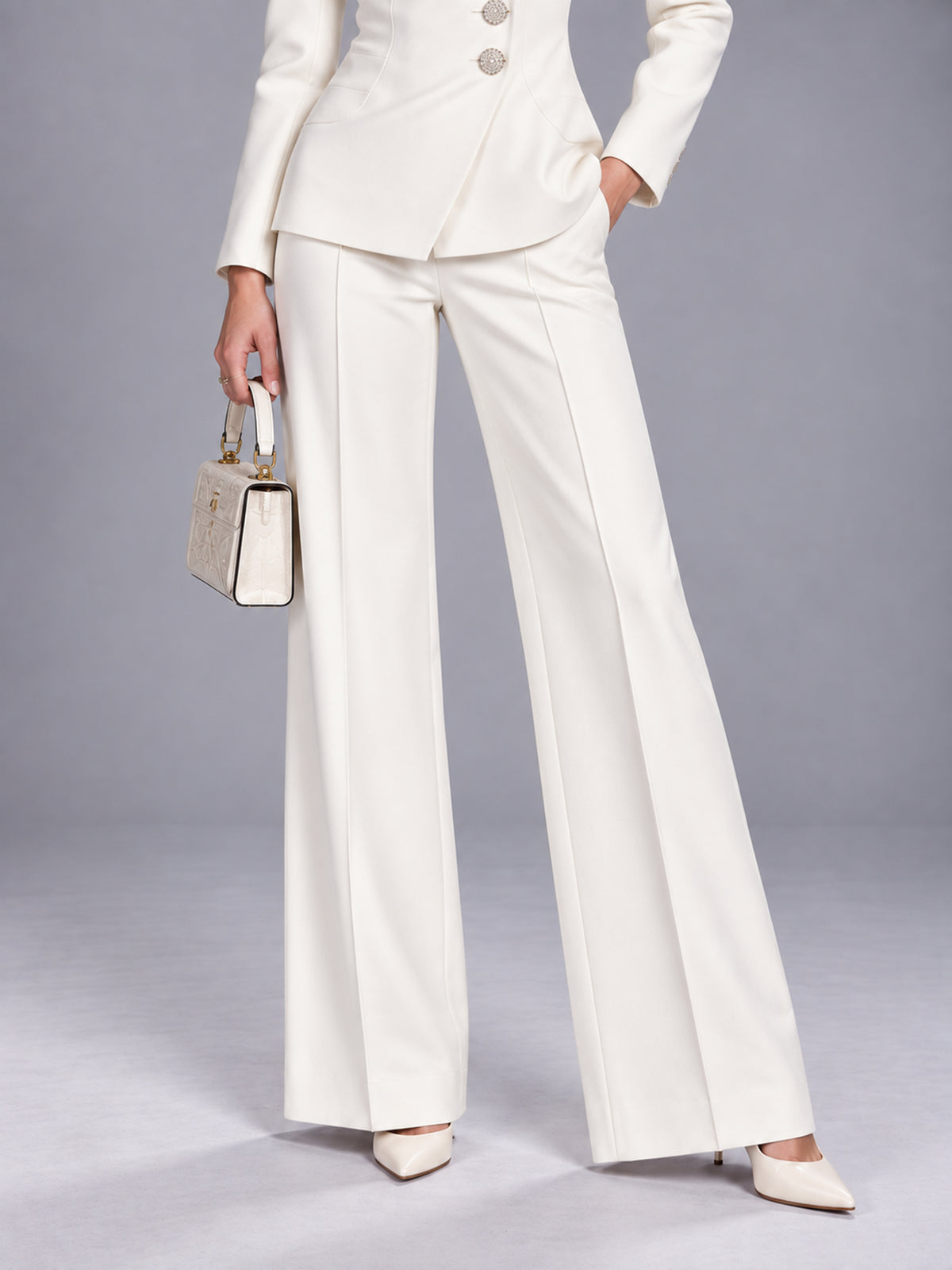 Cream Stand-Collar Tailored Blazer & Wide-Leg Trousers 2-Piece Suit