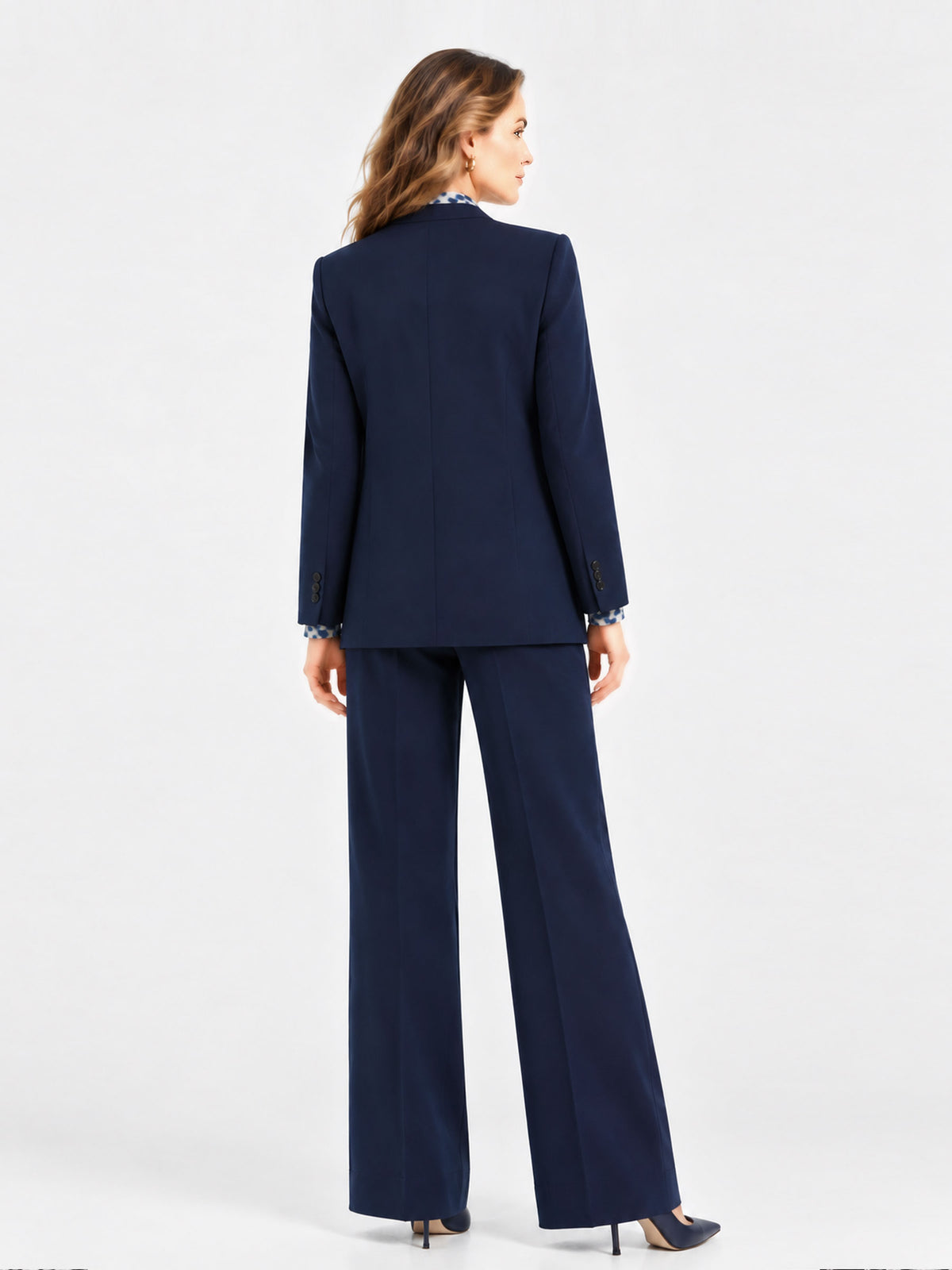 Navy V‑Neck Straight Tie‑Waist Blazer & Wide Leg Trousers 2-Piece Suit
