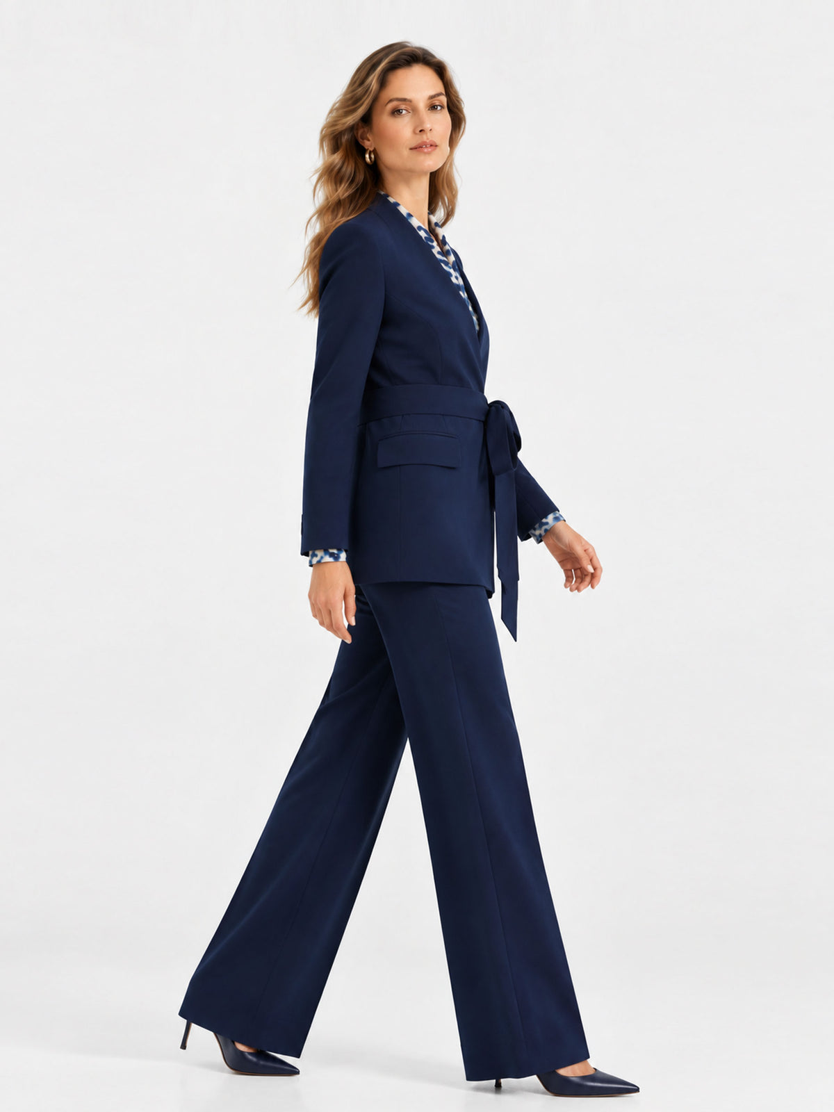 Navy V‑Neck Straight Tie‑Waist Blazer & Wide Leg Trousers 2-Piece Suit