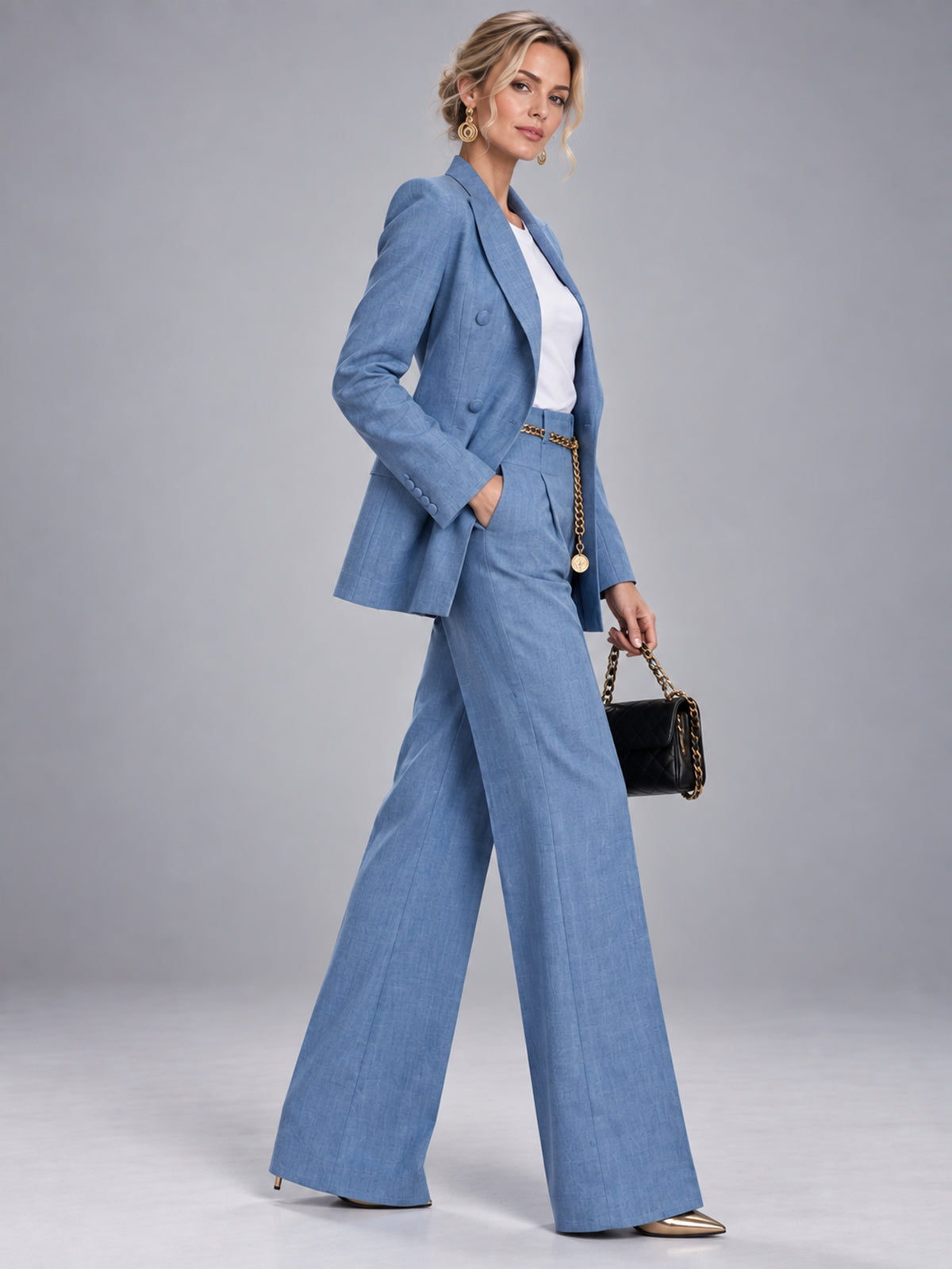 Light Blue Double Breasted Blazer & High Waist Wide Leg Pants 2-Piece Suit