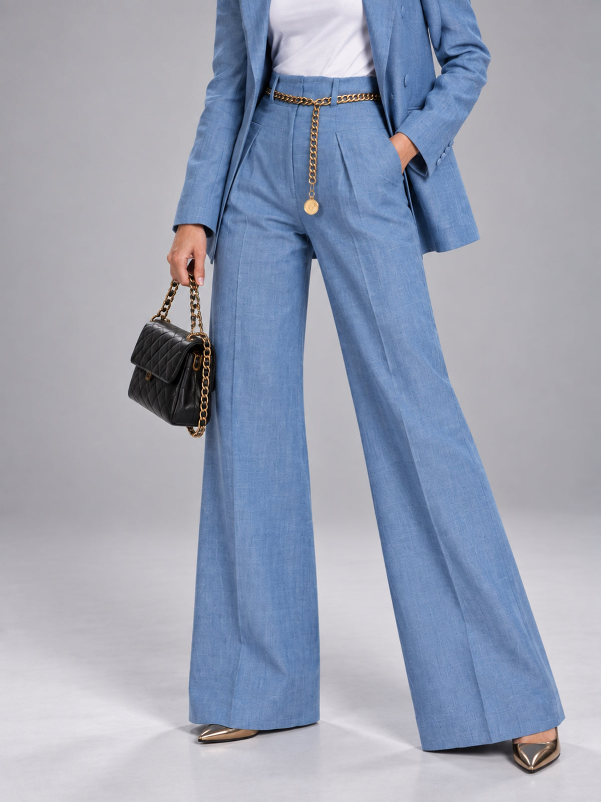 Light Blue Double Breasted Blazer & High Waist Wide Leg Pants 2-Piece Suit