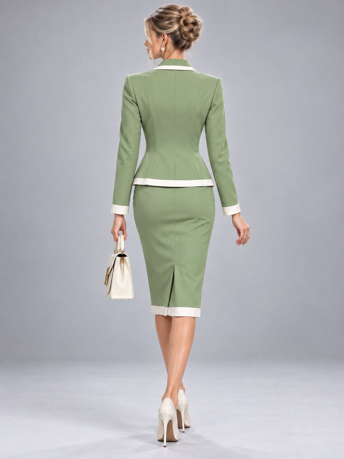 Sage Green White Contrast Piping Notch Lapel Blazer & Pencil Skirt 2-Piece Suit