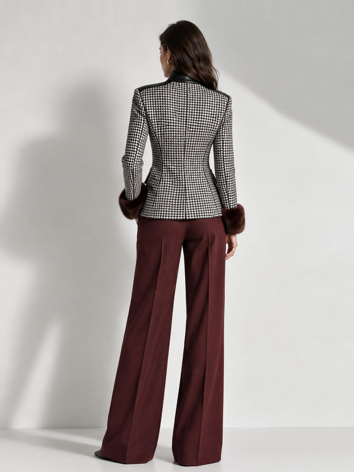 Houndstooth Tweed Stand Collar Single Breasted Blazer & Dark Red Wide Leg Trousers 2-Piece Suit