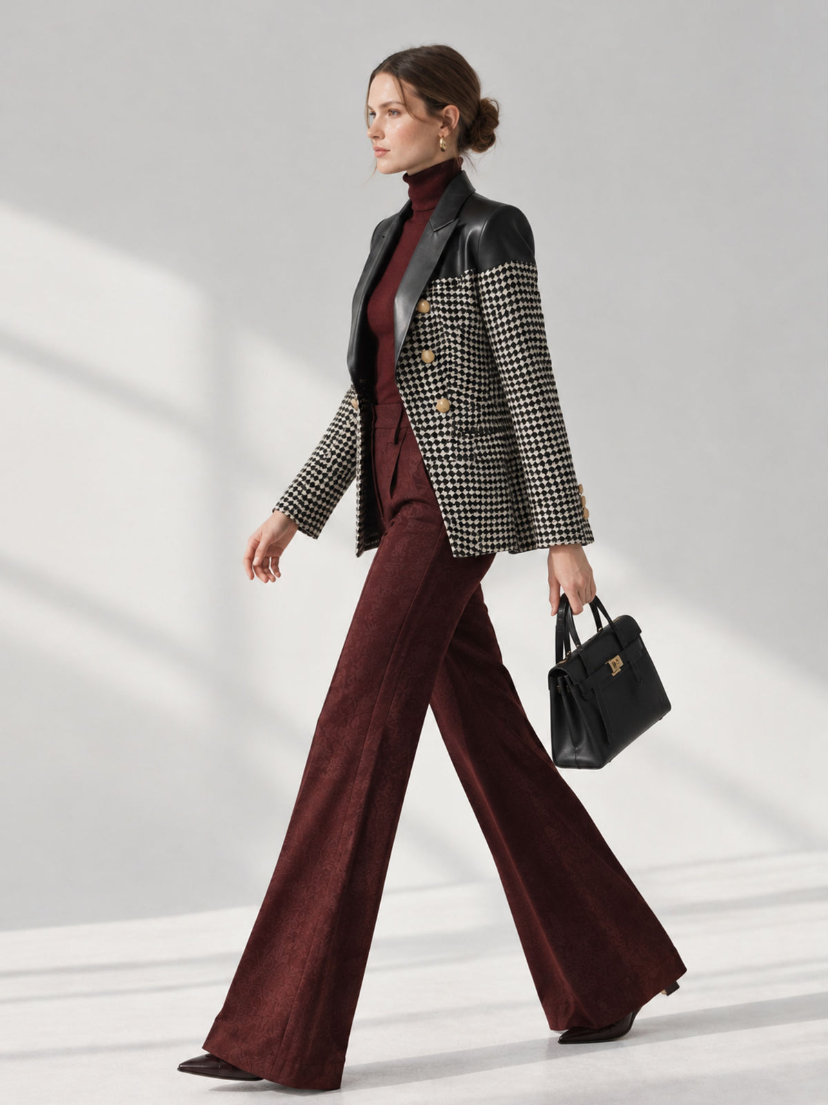 Houndstooth Tweed Double Breasted Faux Leather Panel Blazer & Dark Red Wide Leg Trousers 2-Piece Suit