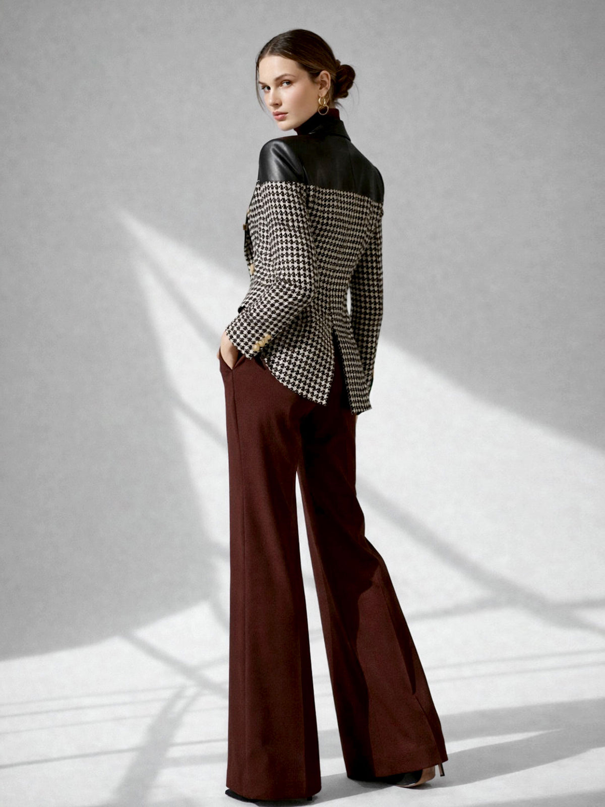 Houndstooth Tweed Double Breasted Faux Leather Panel Blazer & Dark Red Wide Leg Trousers 2-Piece Suit
