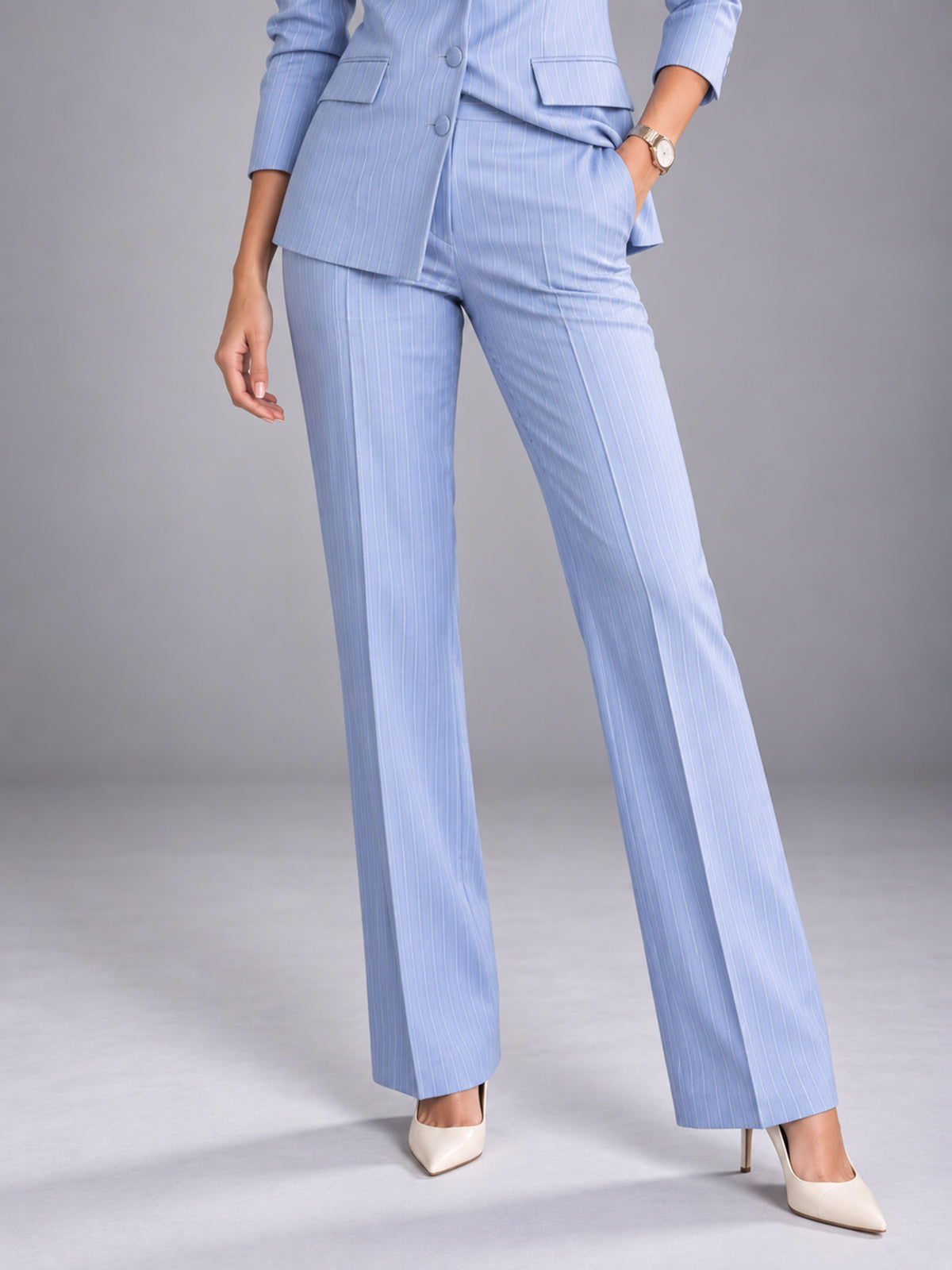 Light Blue White Pinstripe Notch Lapel Blazer & High Waist Flare Pants 2-Piece Suit