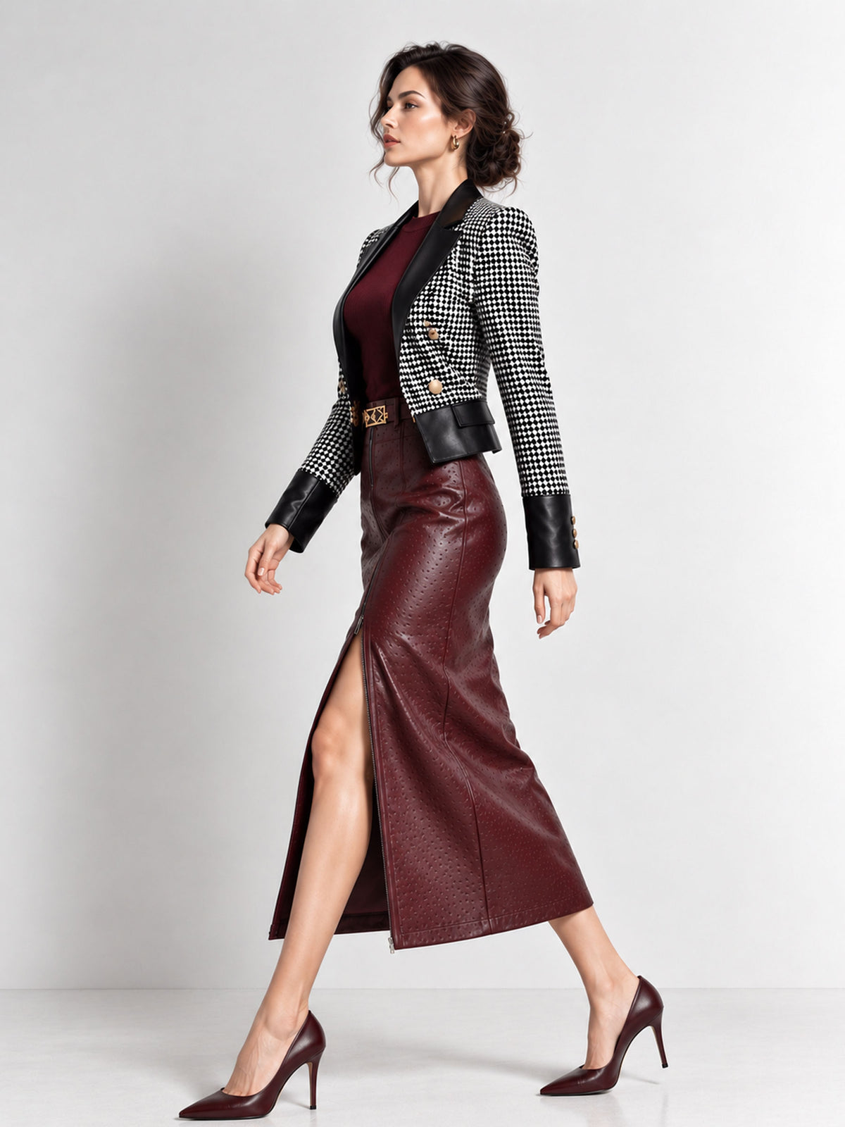 Dark Red Faux Leather Front Zipper Midi Skirt