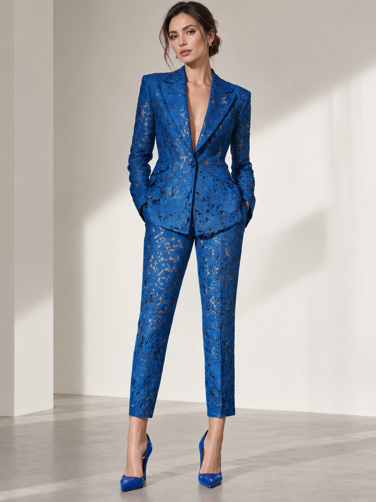 Blue Lace Blazer With Notch Lapel And High Waist Cropped Ankle Pants 2-Piece Suit