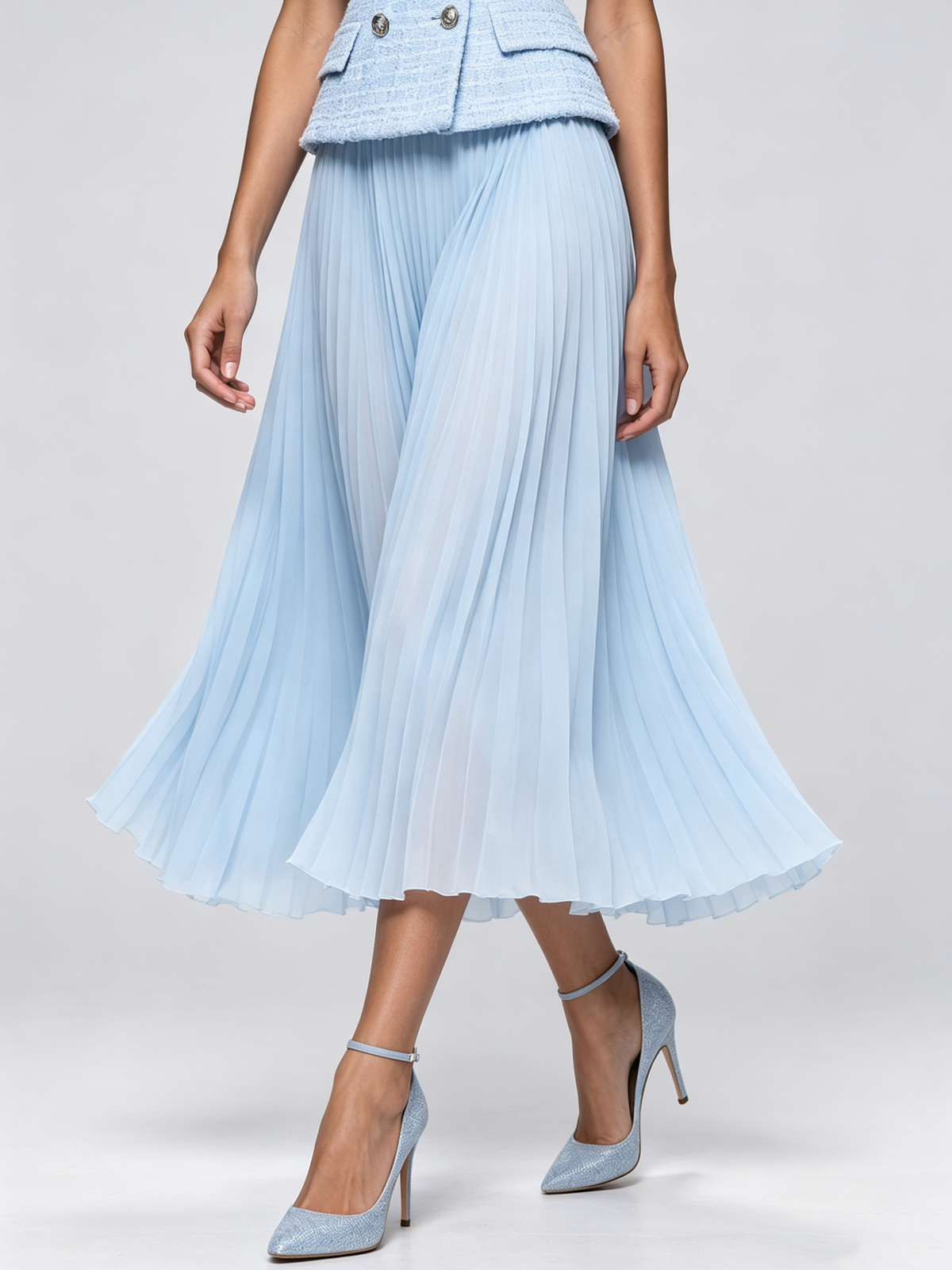 Light Blue Tweed Notch Lapel Blazer And Pleated Midi Skirt 2-Piece Suit