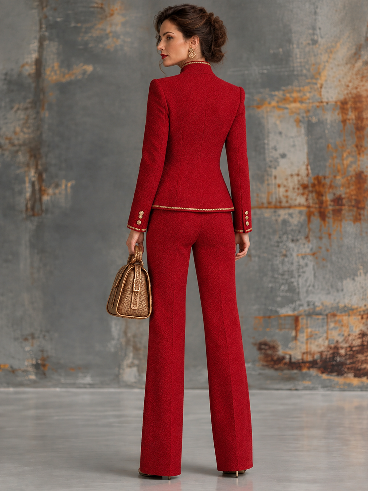 Red Gold Trim Stand Collar Tweed Blazer And High Waist Flared Pants 2-Piece Suit