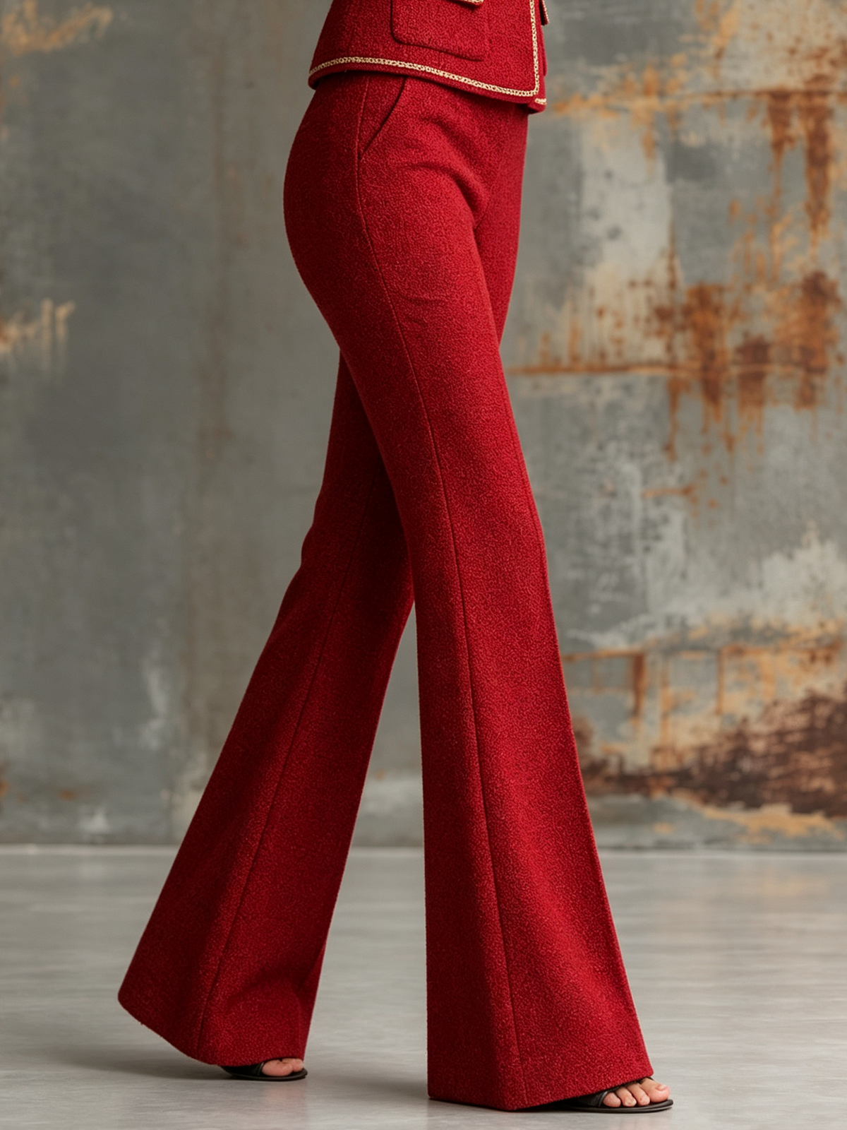 Red Gold Trim Stand Collar Tweed Blazer And High Waist Flared Pants 2-Piece Suit