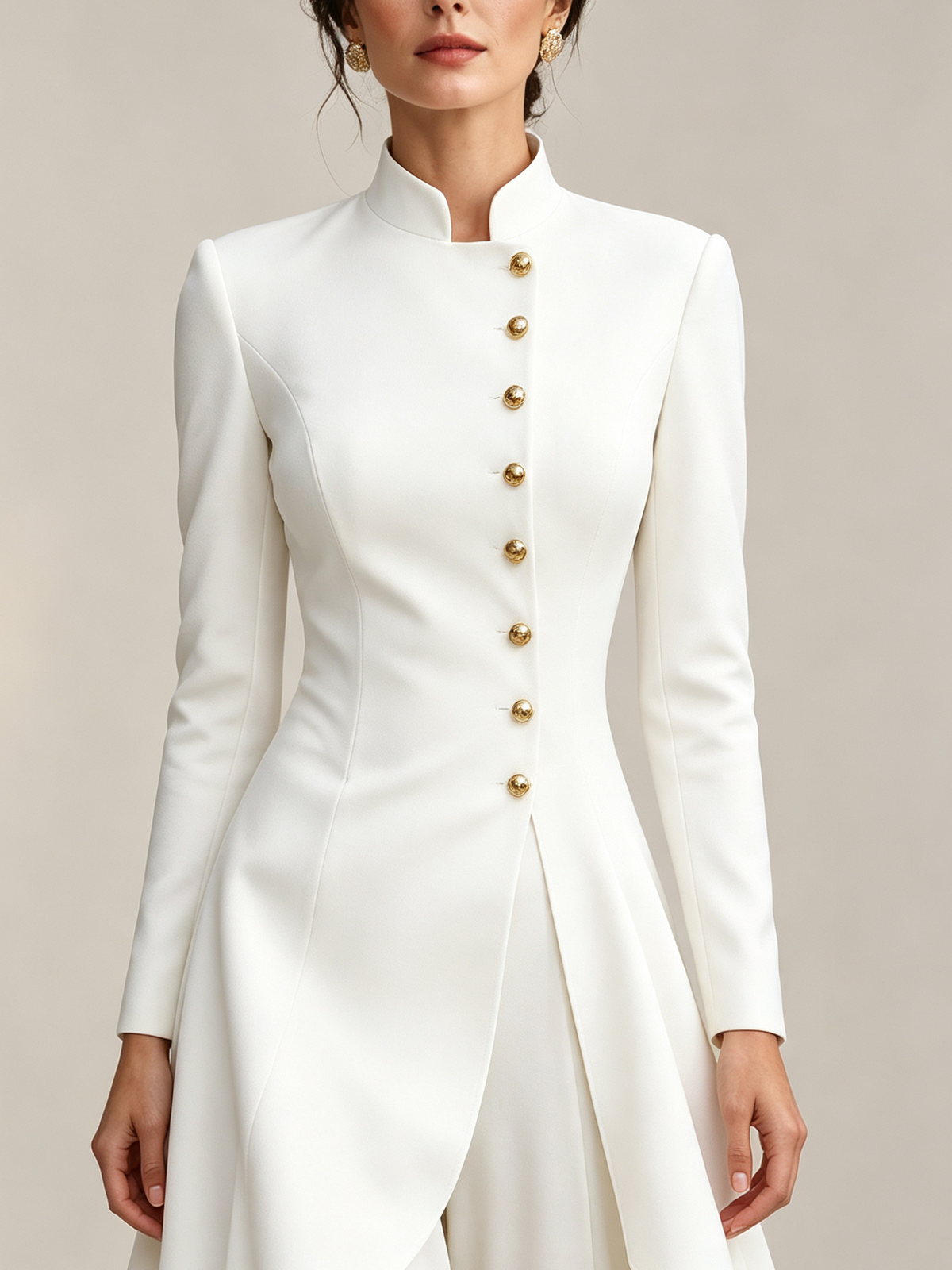 White Stand Collar Gold Button Long Ruffled Hem Blazer And High Waist Wide Leg Pants 2-Piece Suit