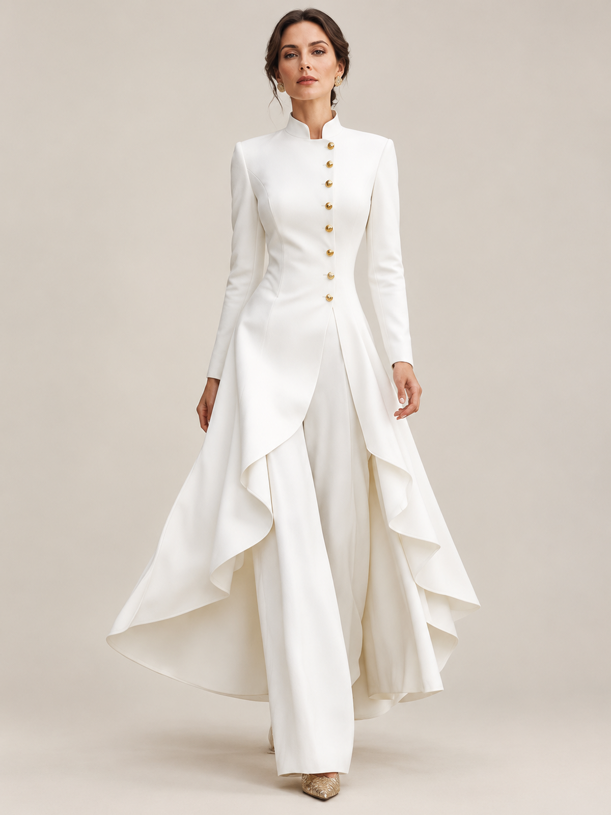 White Stand Collar Gold Button Long Ruffled Hem Blazer And High Waist Wide Leg Pants 2-Piece Suit