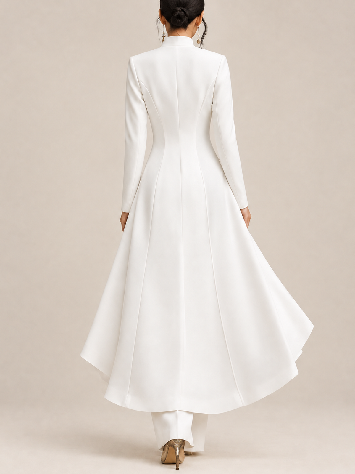 White Stand Collar Gold Button Long Ruffled Hem Blazer And High Waist Wide Leg Pants 2-Piece Suit