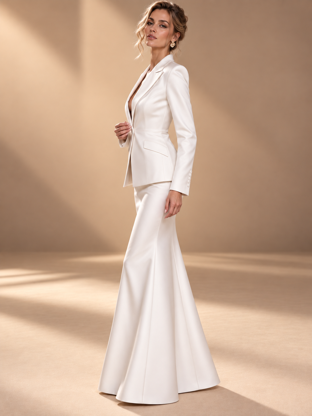 White Peak Lapel Blazer And Fishtail Skirt 2-Piece Suit