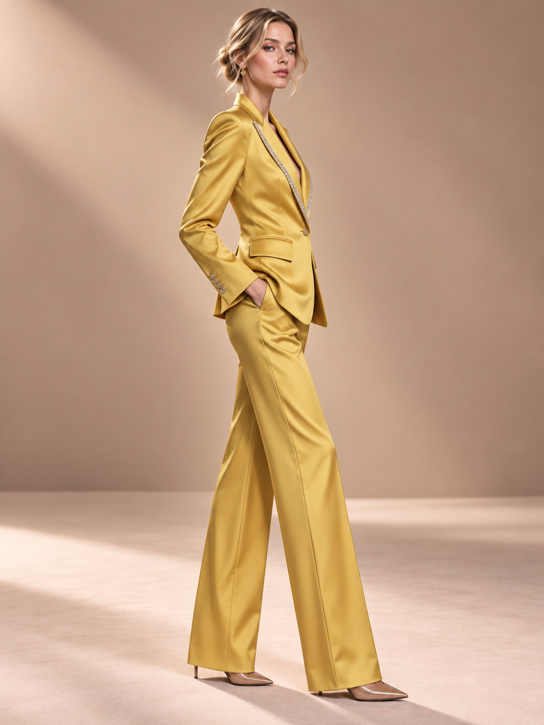 Gold Peak Lapel Blazer And Wide Leg Pants 2-Piece Suit
