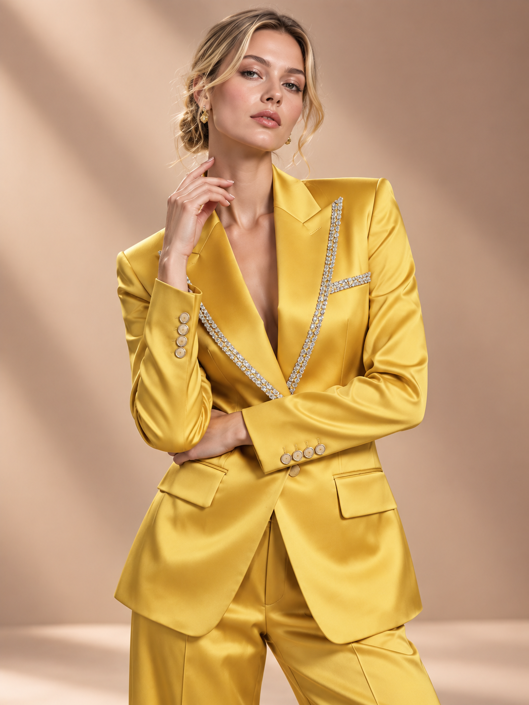 Gold Peak Lapel Blazer And Wide Leg Pants 2-Piece Suit