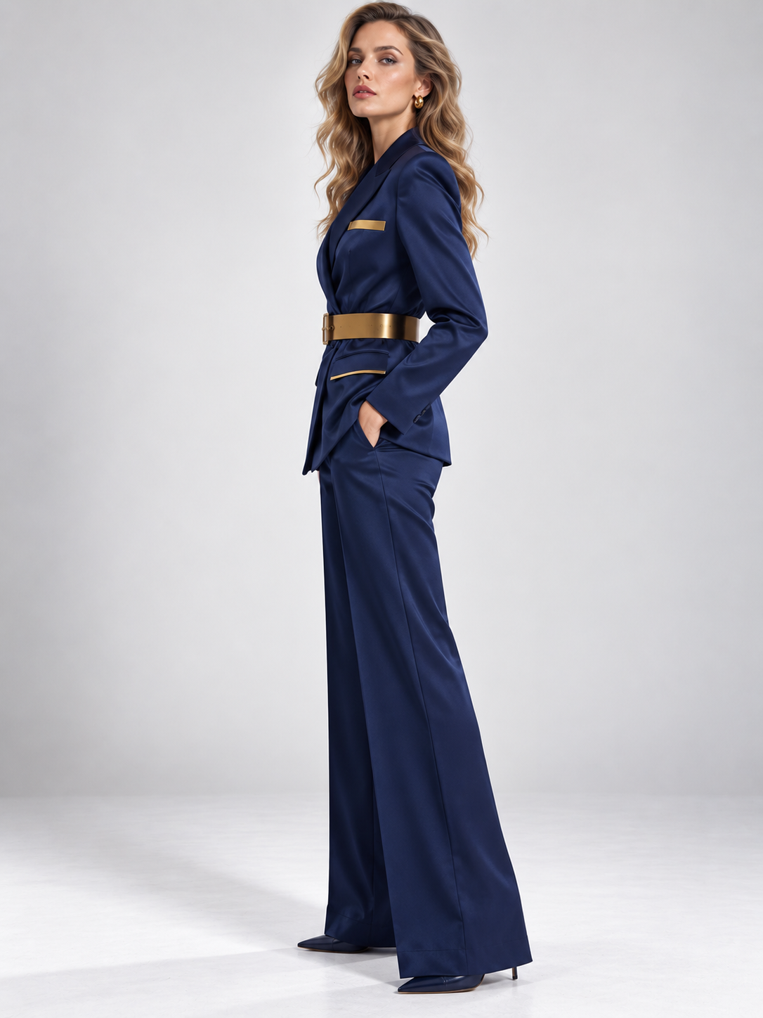 Dark Blue Single Breasted Blazer With Peak Lapels And Wide Leg Slightly Flared Pants 2-Piece Suit
