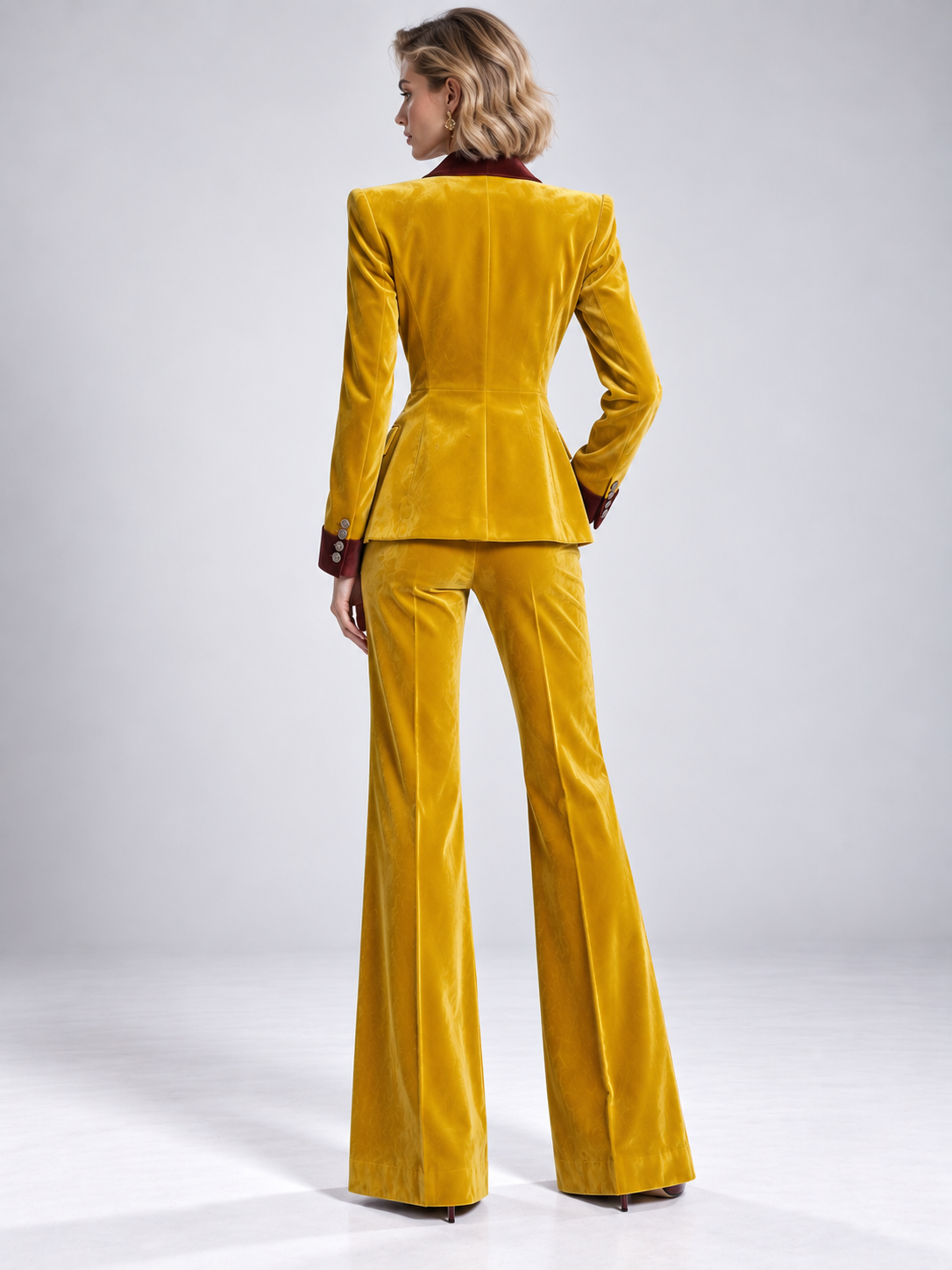 Mustard Yellow Single Breasted Blazer With Contrasting Peak Lapels And Flared Pants 2-Piece Suit