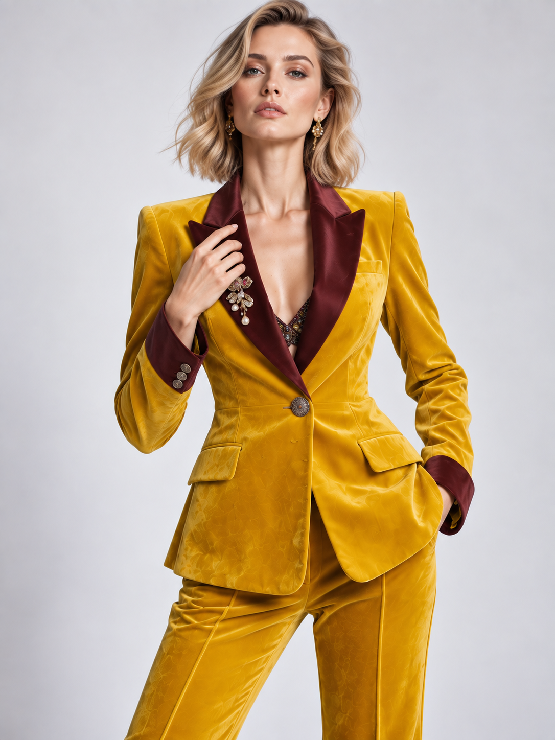 Mustard Yellow Single Breasted Blazer With Contrasting Peak Lapels And Flared Pants 2-Piece Suit