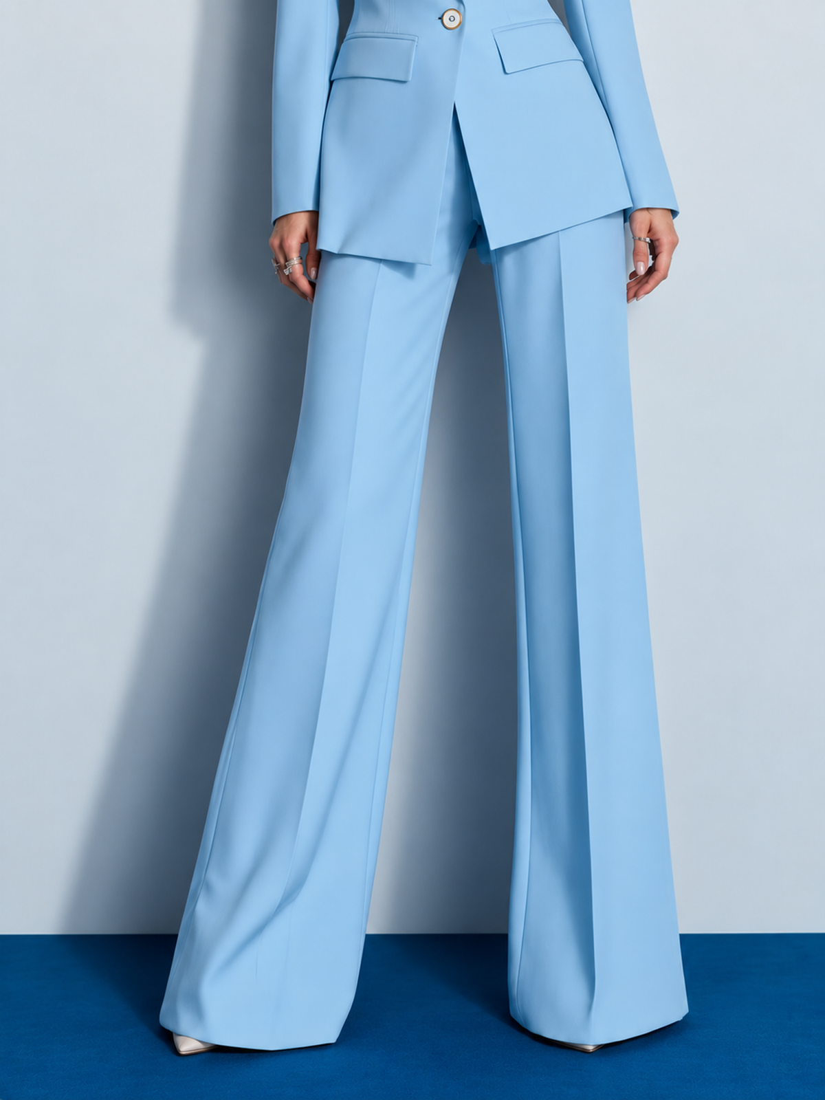 Sky Blue Single-Breasted Blazer and Wide Leg Pants 2-Piece Suit