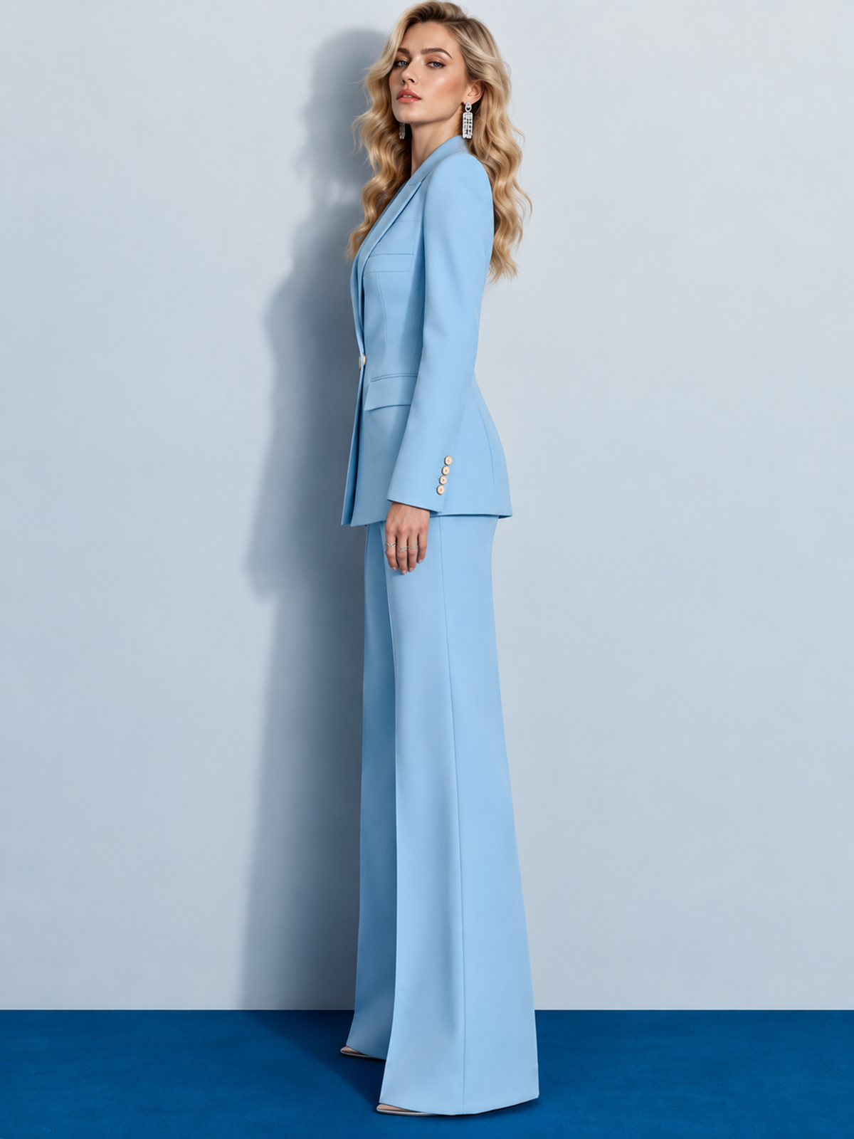 Sky Blue Single-Breasted Blazer and Wide Leg Pants 2-Piece Suit