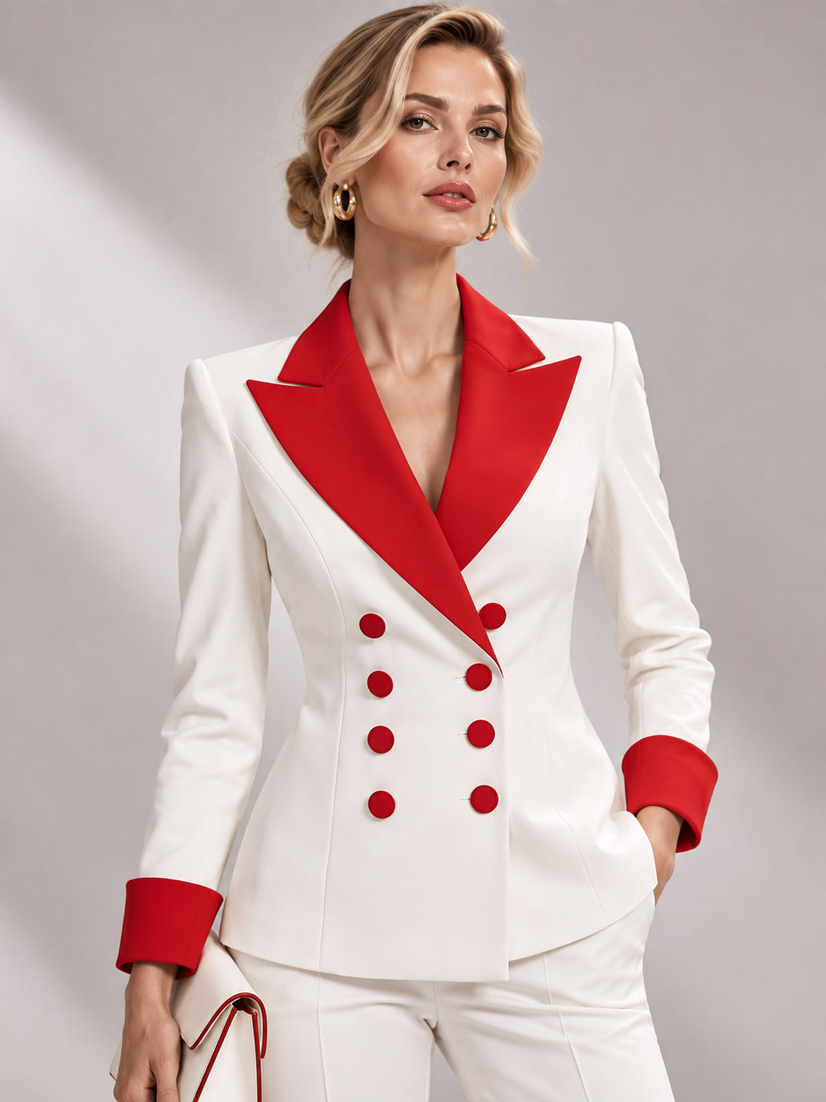 White Red Contrast Double Breasted Blazer & High Waist Wide Leg Pants 2-Piece Suit