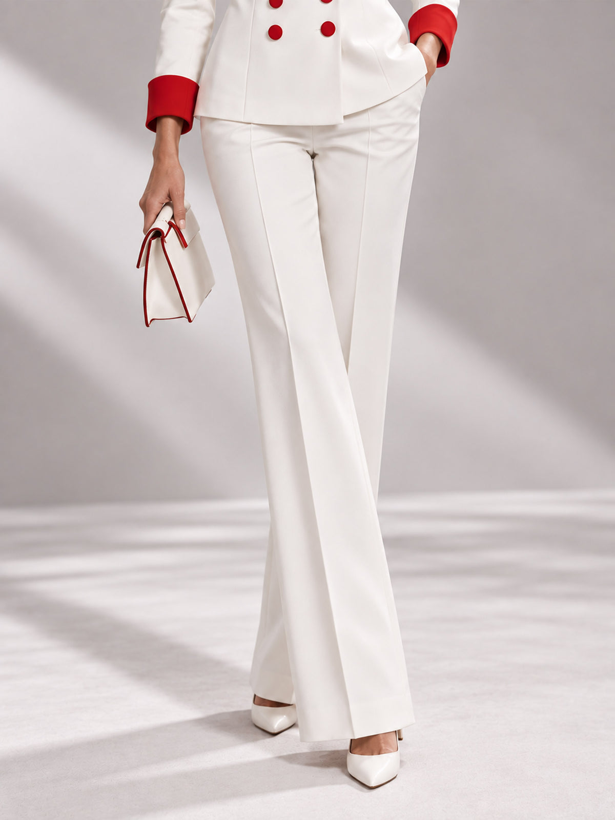 White Red Contrast Double Breasted Blazer & High Waist Wide Leg Pants 2-Piece Suit