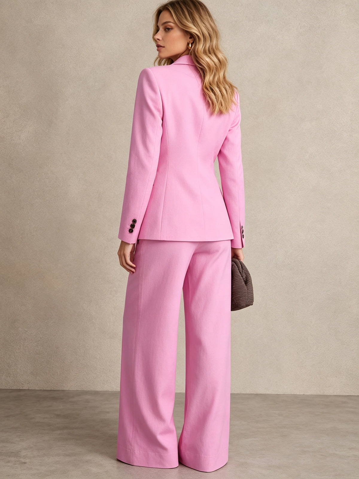 Pink Single Button Notched Lapel Blazer & Wide-Leg Trousers 2-Piece Suit