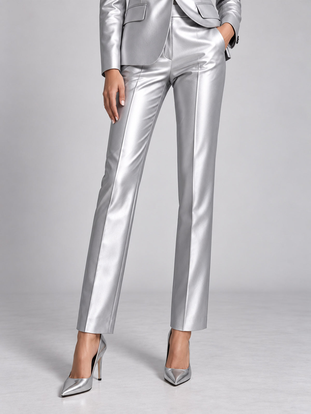 Silver Satin Notch Lapel Single Button Blazer & High Waist Straight Pants 2-Piece Suit