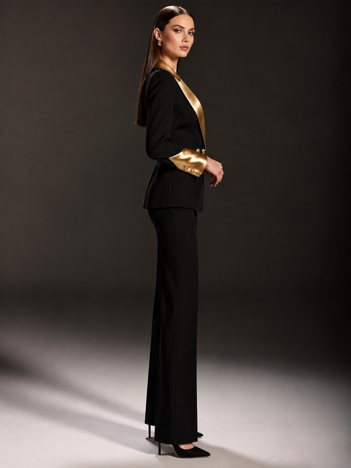Black Gold Contrast Peak Lapel Double Breasted Blazer & Wide Leg Pants 2-Piece Suit