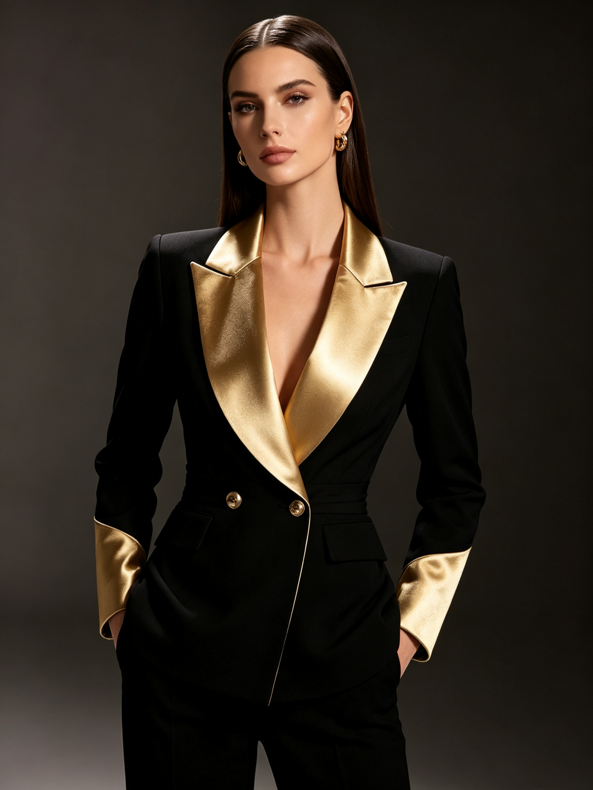 Black Gold Contrast Peak Lapel Double Breasted Blazer & Wide Leg Pants 2-Piece Suit