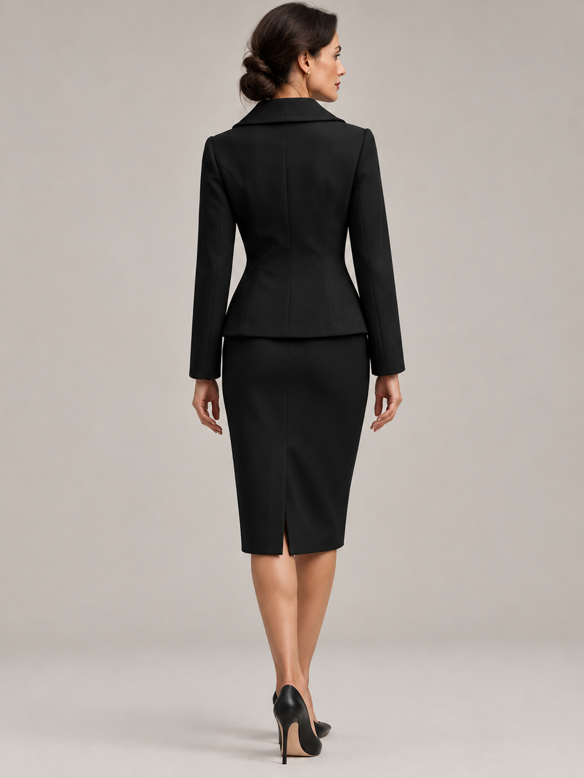 Black Double Breasted Blazer And High Waist Midi Pencil Skirt 2-Piece Suit