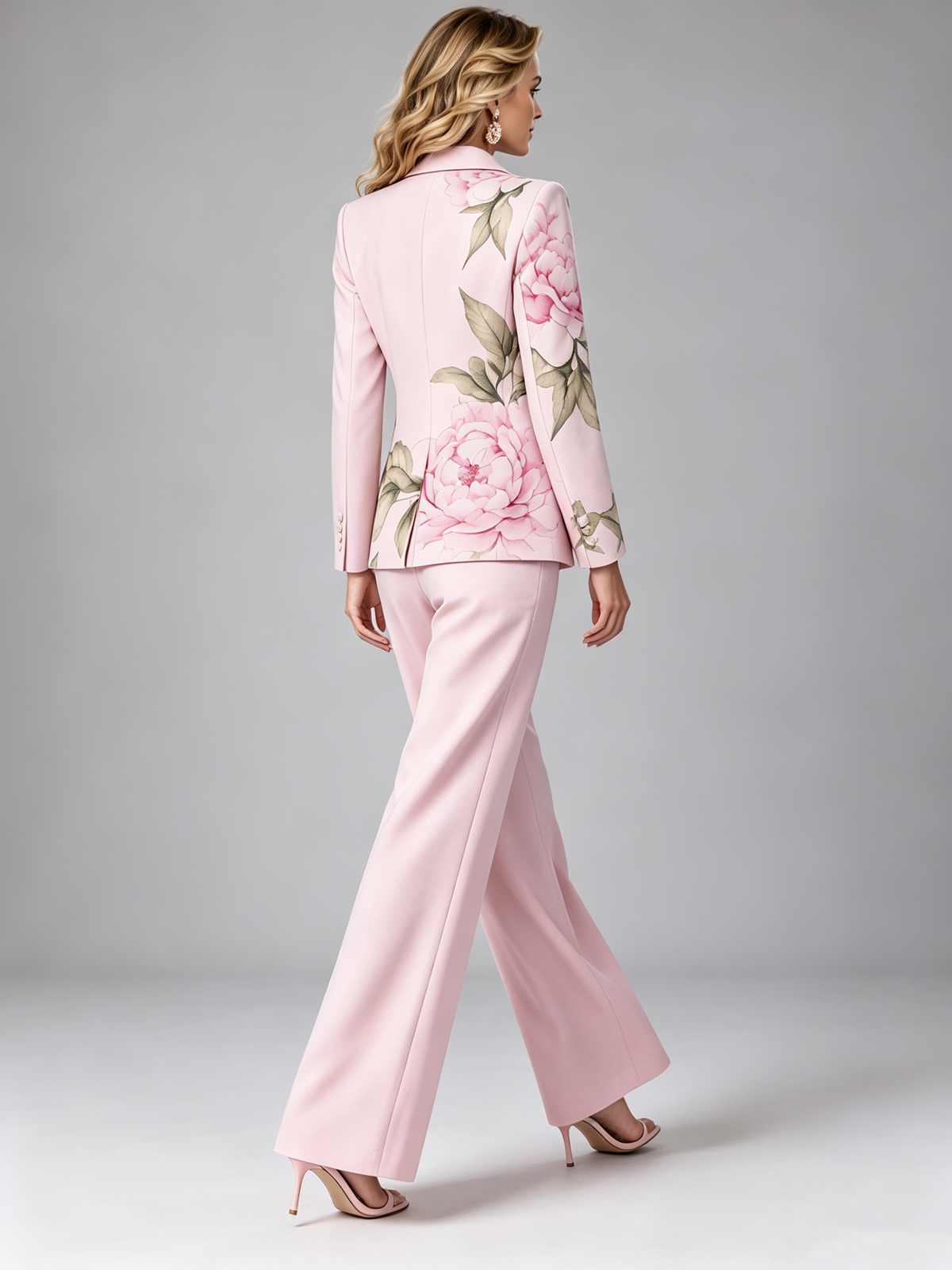 Light Pink Floral Print Notch Lapel Single Button Blazer & High Waist Wide Leg Pants 2-Piece Suit