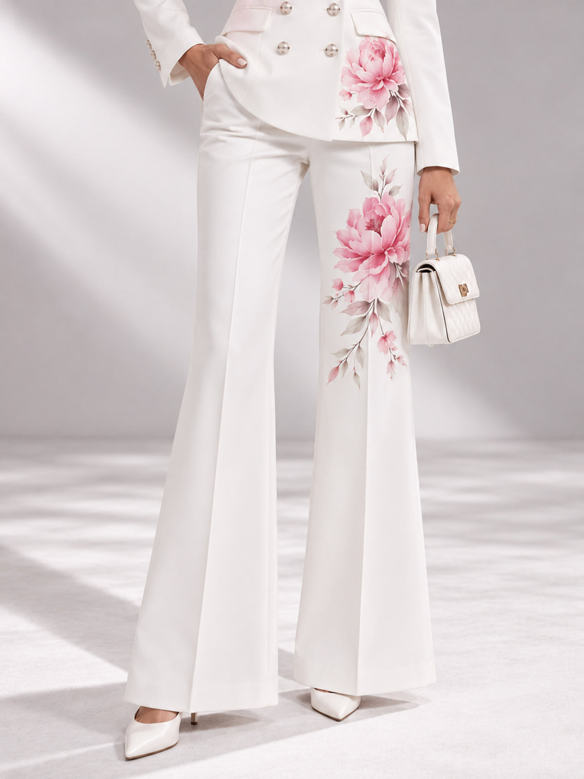 White Floral Print Double Breasted Notch Lapel Blazer & Wide Leg Pants 2-Piece Suit