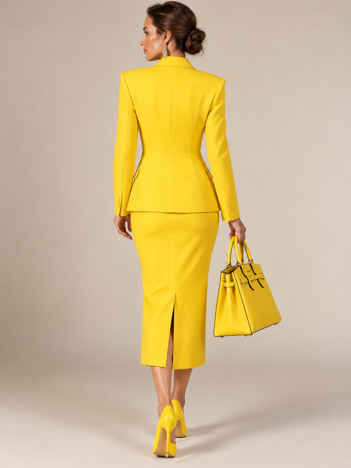 Bright Yellow Fitted Blazer And Midi Pencil Skirt 2-Piece Suit