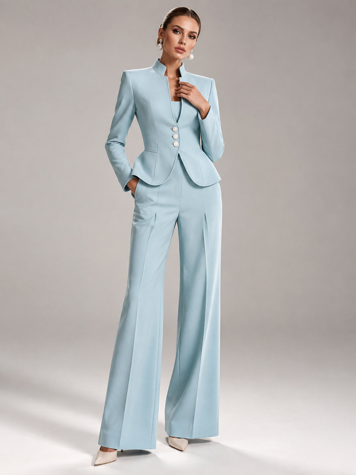 Light Blue Stand Collar 3-Button Peplum Blazer & High Waist Wide Leg Pants 2-Piece Suit