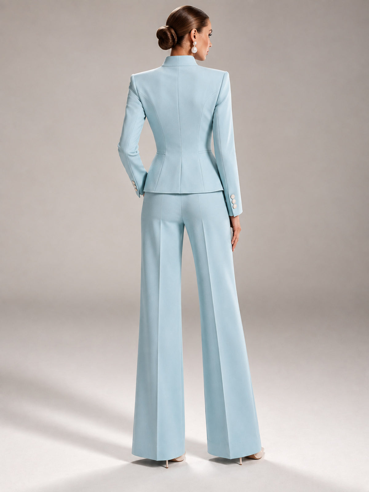 Light Blue Stand Collar 3-Button Peplum Blazer & High Waist Wide Leg Pants 2-Piece Suit
