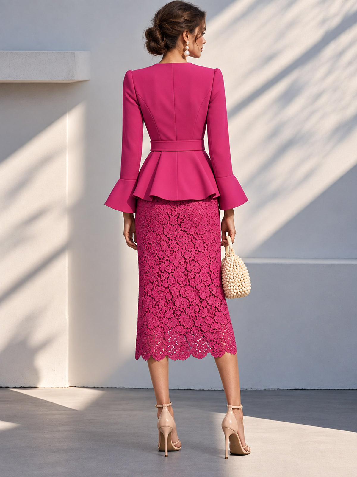 Fuchsia Round Neck Double Breasted Peplum Top & Floral Lace Midi Skirt 2-Piece Suit