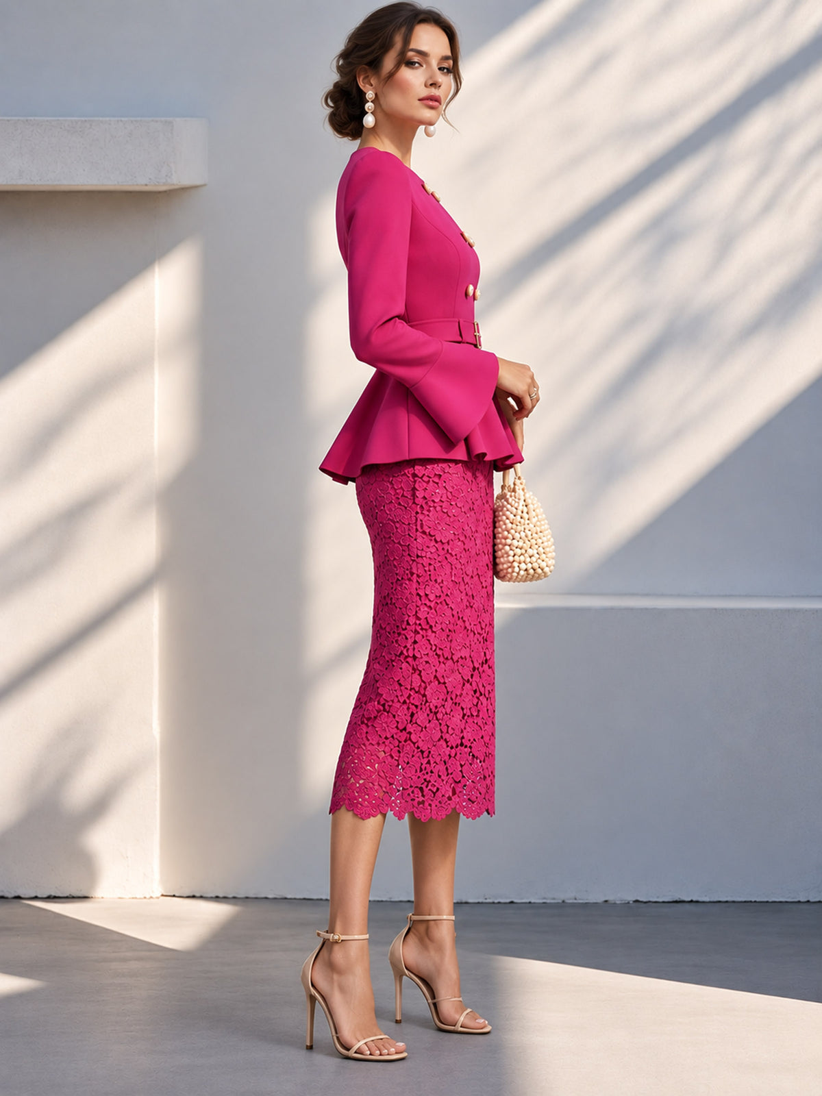 Fuchsia Round Neck Double Breasted Peplum Top & Floral Lace Midi Skirt 2-Piece Suit